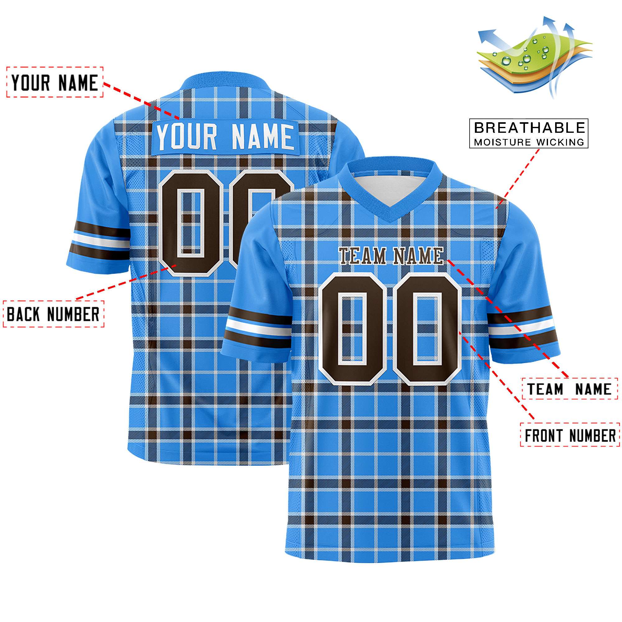 Custom Powder Blue Personalized Plaid Pattern Design Authentic Football Jersey