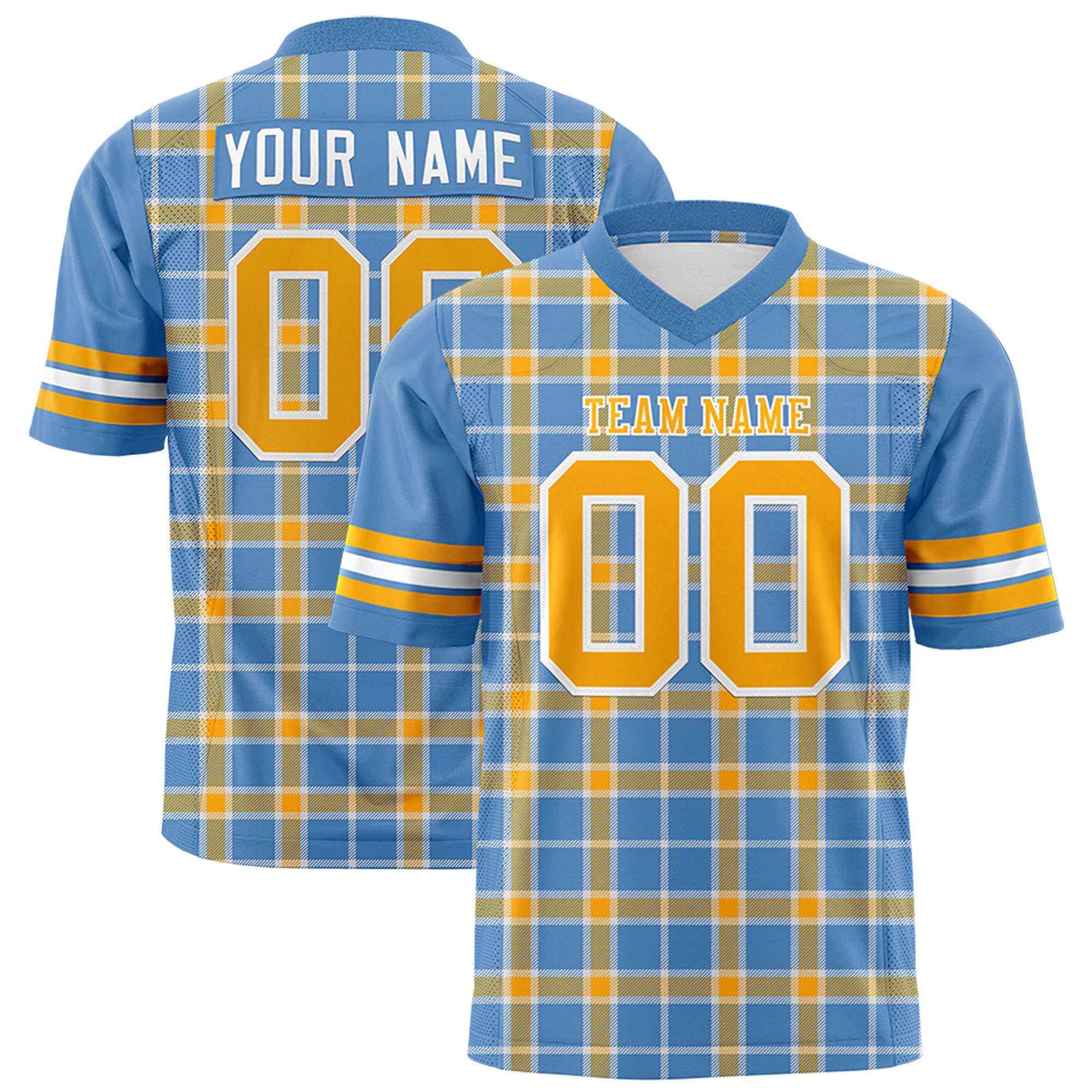 Custom Light Blue Yellow Personalized Plaid Pattern Design Authentic Football Jersey