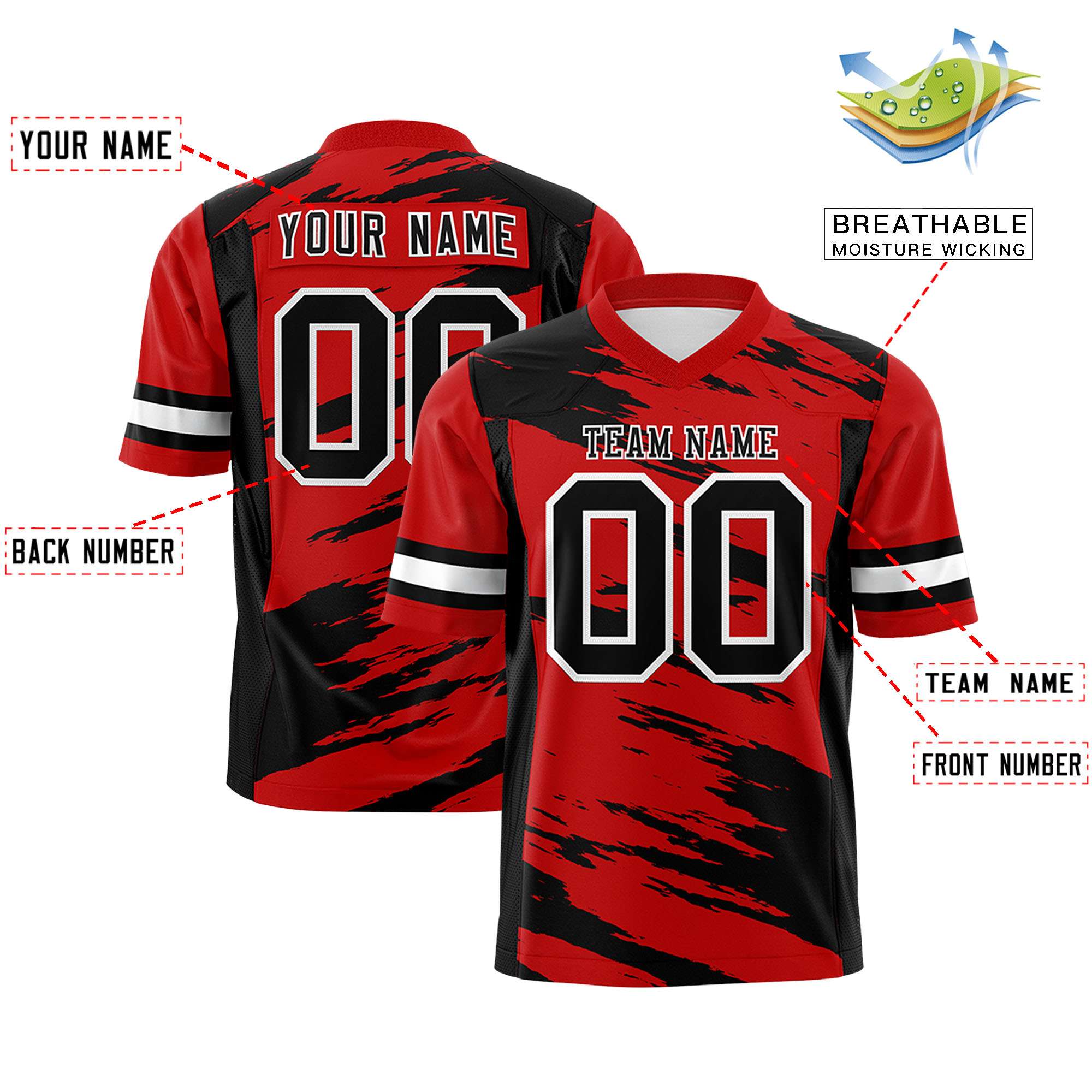 Custom Red Black Personalized Scratch Pattern Design Authentic Football Jersey