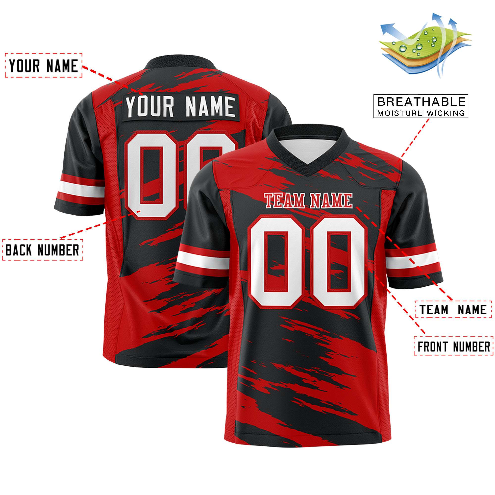 Custom Black Red Personalized Scratch Pattern Design Authentic Football Jersey