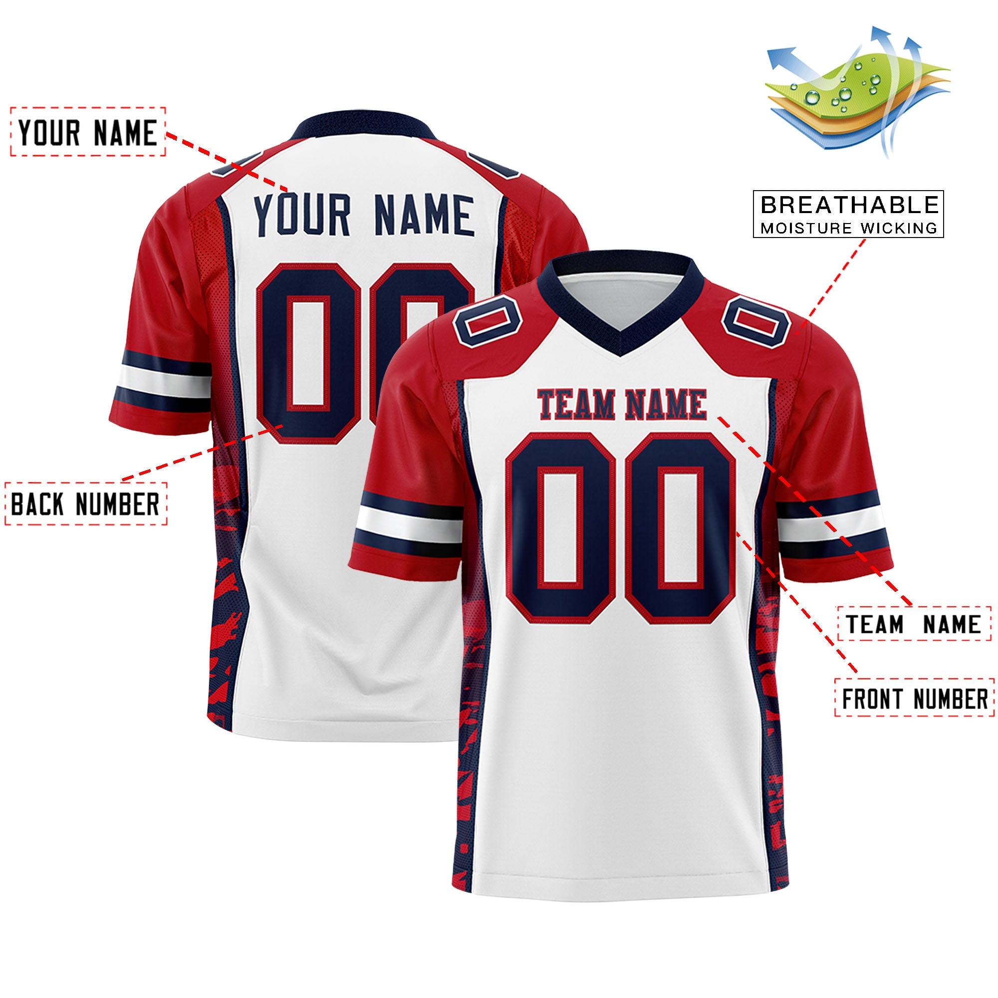 Custom White Red-Navy Raglan Sleeves Personalized Side Pattern Authentic Football Jersey