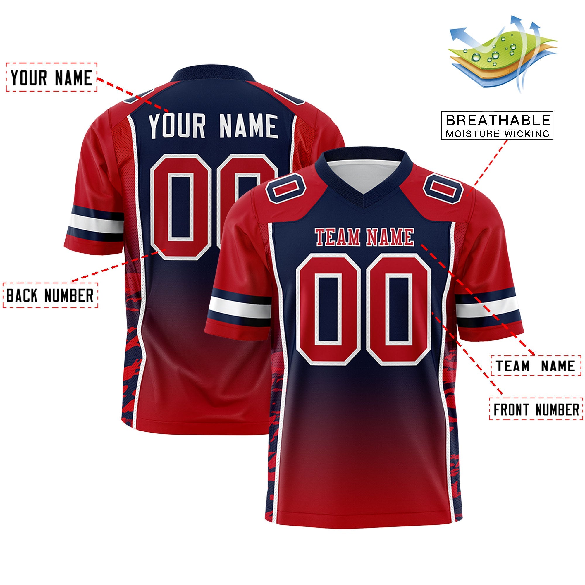 Custom Navy Red Gradient Personalized Side Pattern Authentic Football Jersey