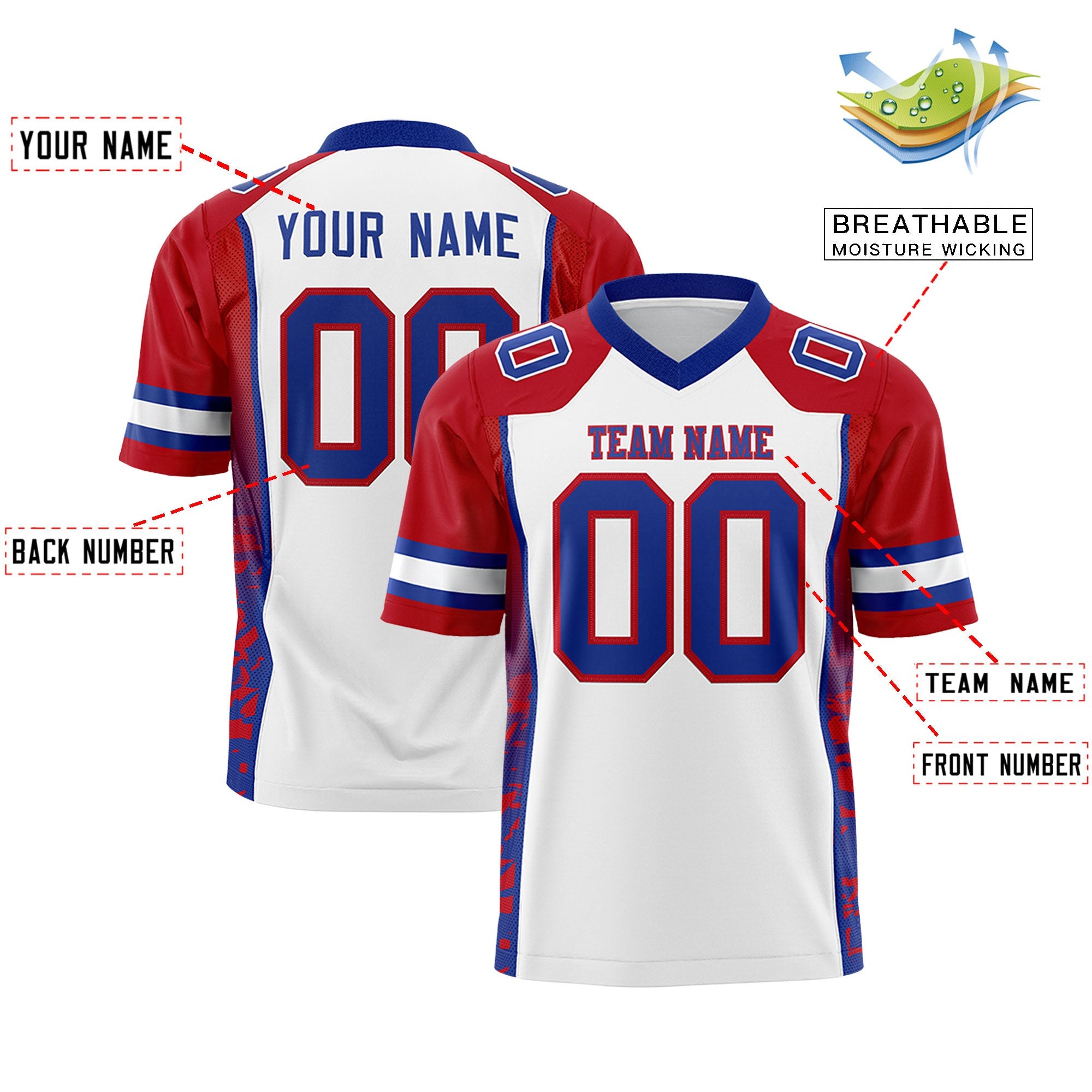 Custom White Red-Royal Raglan Sleeves Personalized Side Pattern Authentic Football Jersey