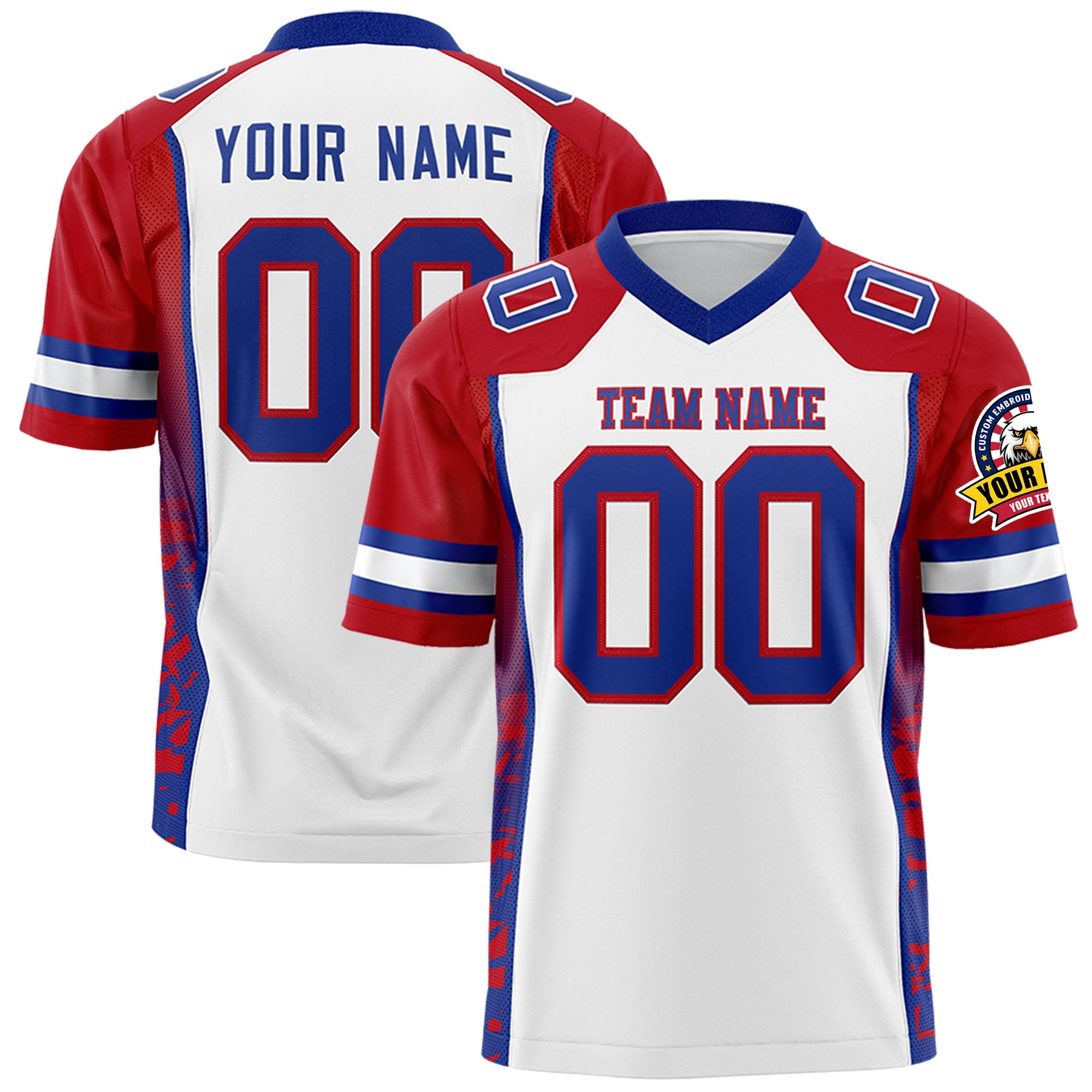 Custom White Red-Royal Raglan Sleeves Personalized Side Pattern Authentic Football Jersey