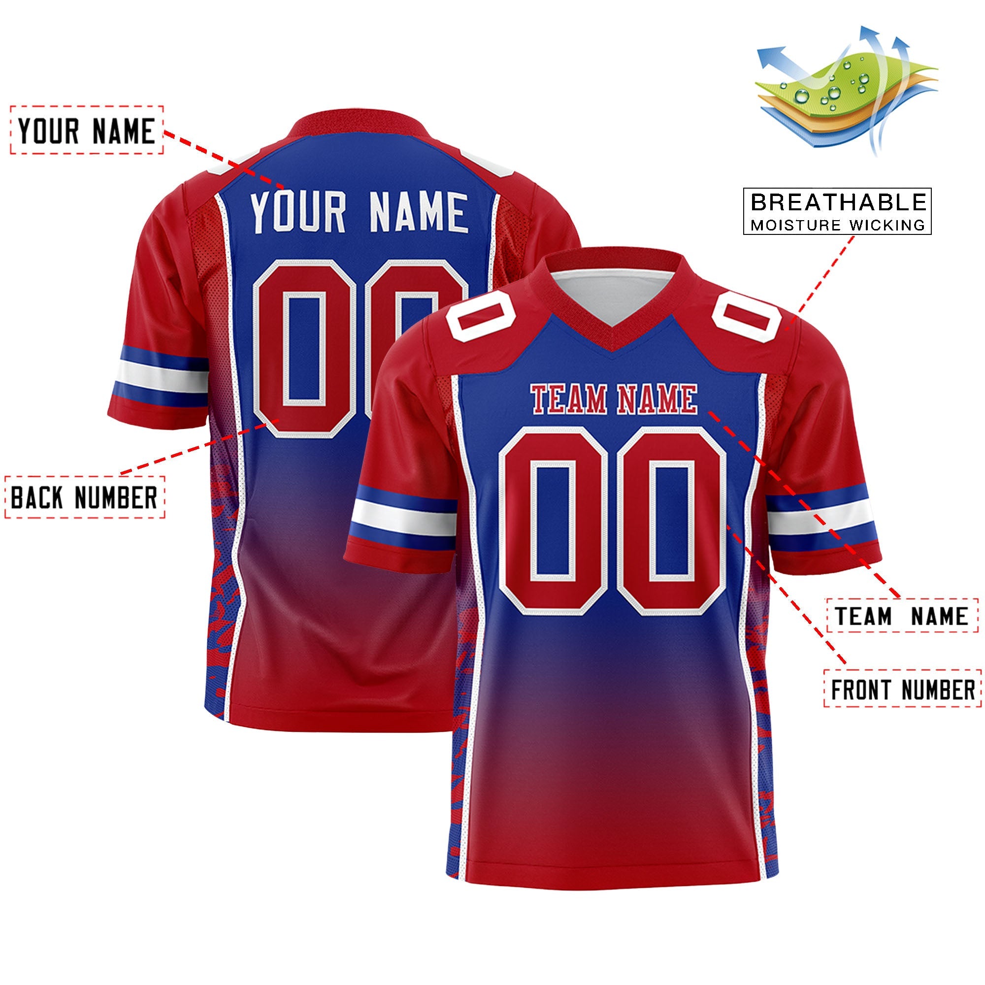 Custom Royal Red Gradient Personalized Side Pattern Authentic Football Jersey