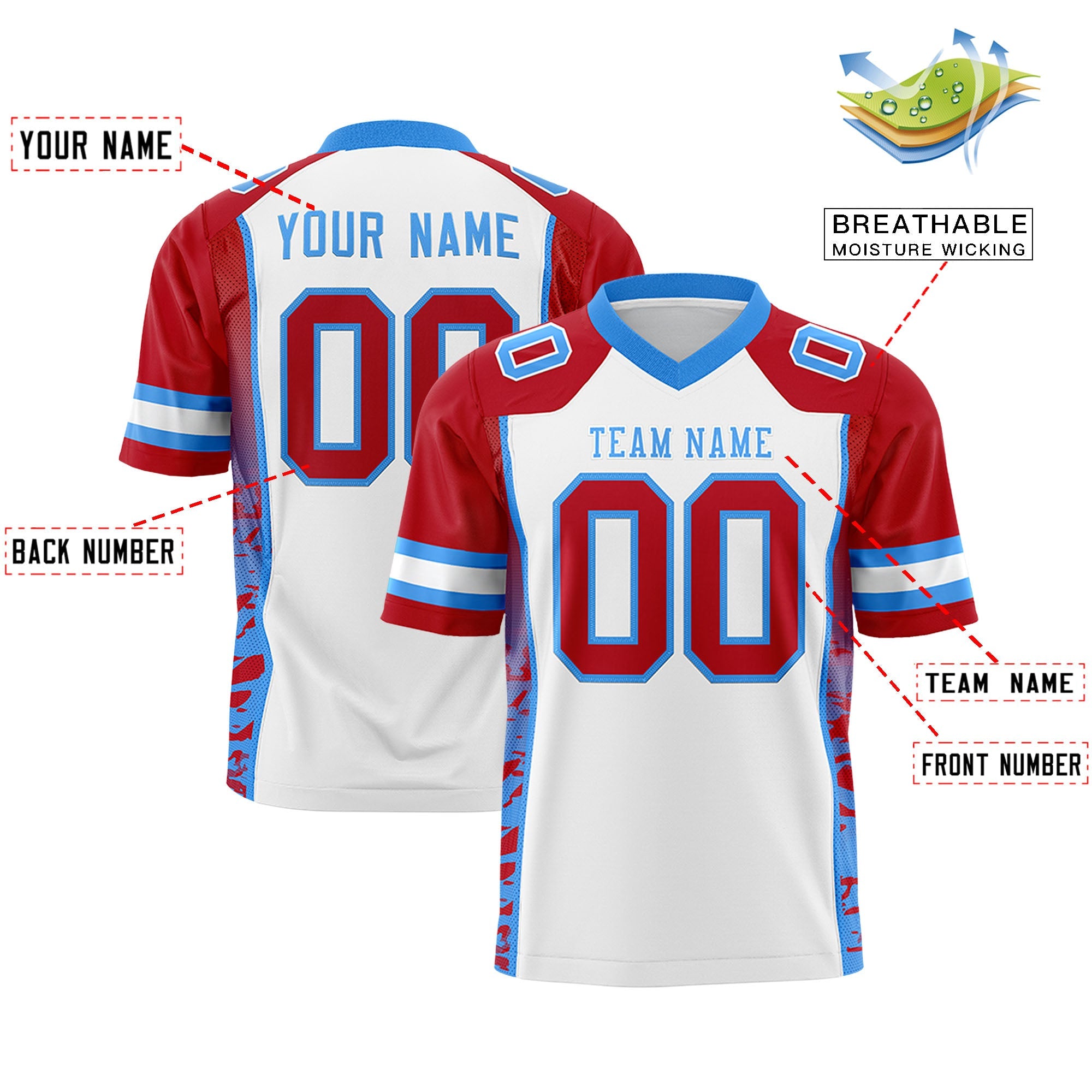 Custom White Red-Powder Blue Raglan Sleeves Personalized Side Pattern Authentic Football Jersey