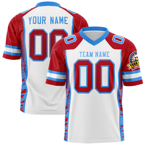 Custom White Red-Powder Blue Raglan Sleeves Personalized Side Pattern Authentic Football Jersey