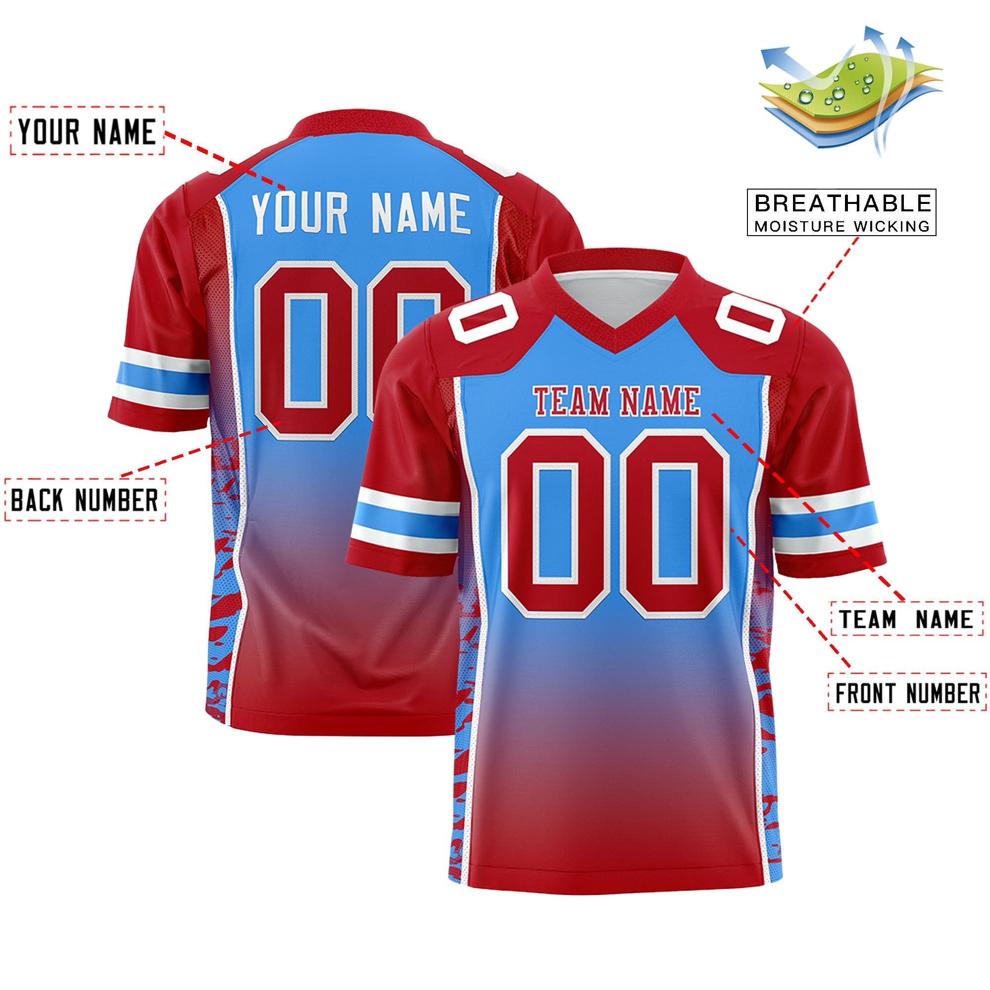 Custom Powder Blue Red Gradient Personalized Side Pattern Authentic Football Jersey