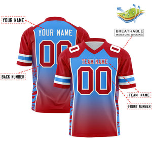 Custom Powder Blue Red Gradient Personalized Side Pattern Authentic Football Jersey