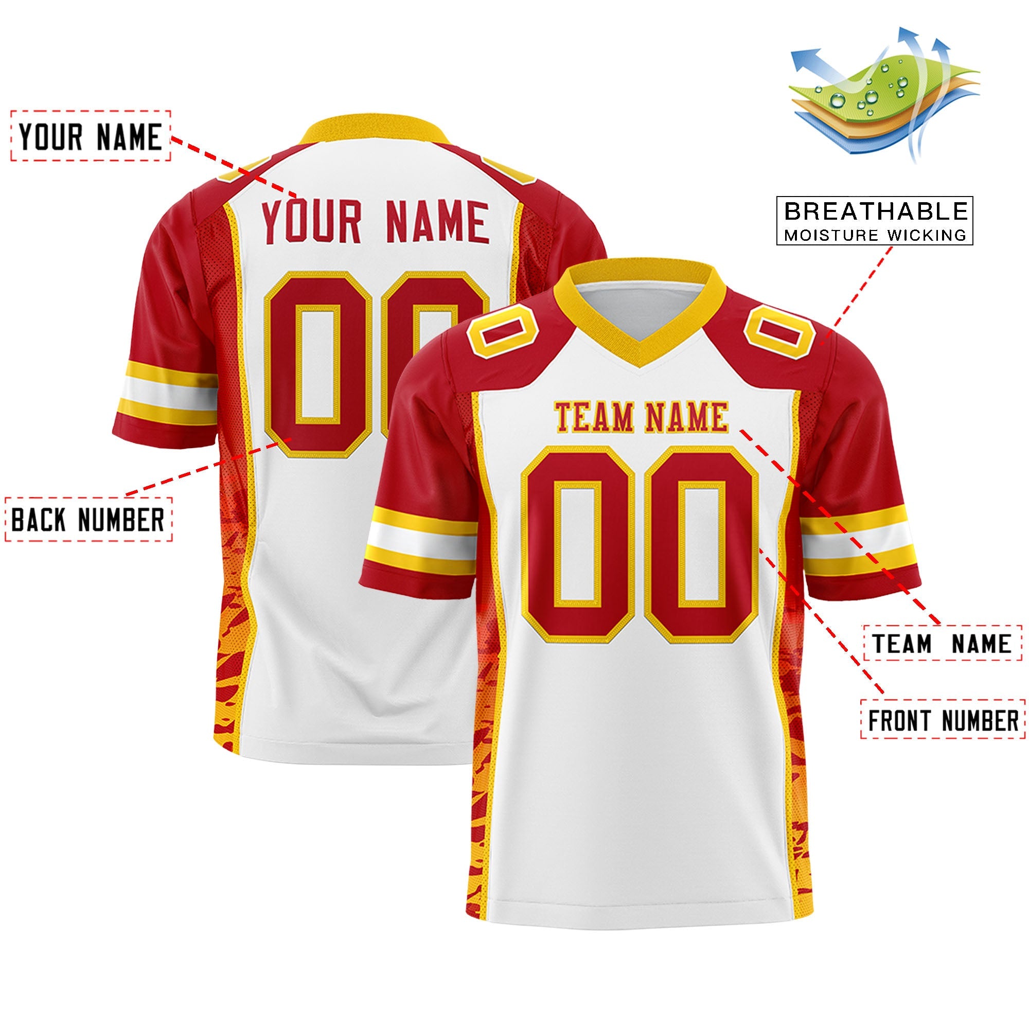 Custom White Red-Gold Raglan Sleeves Personalized Side Pattern Authentic Football Jersey