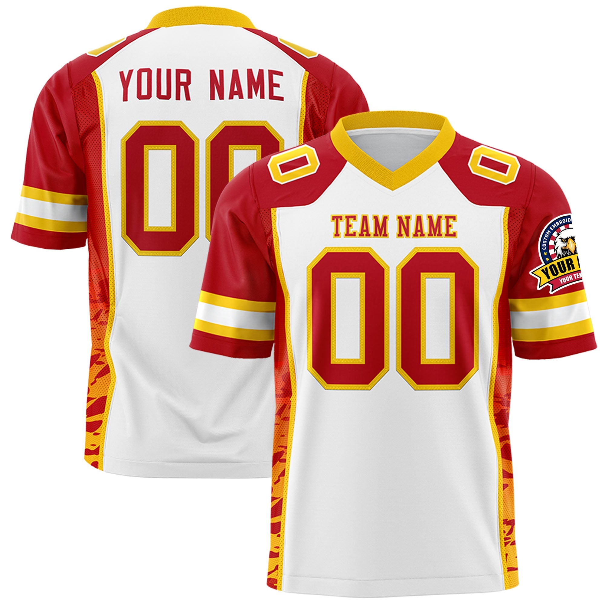 Custom White Red-Gold Raglan Sleeves Personalized Side Pattern Authentic Football Jersey