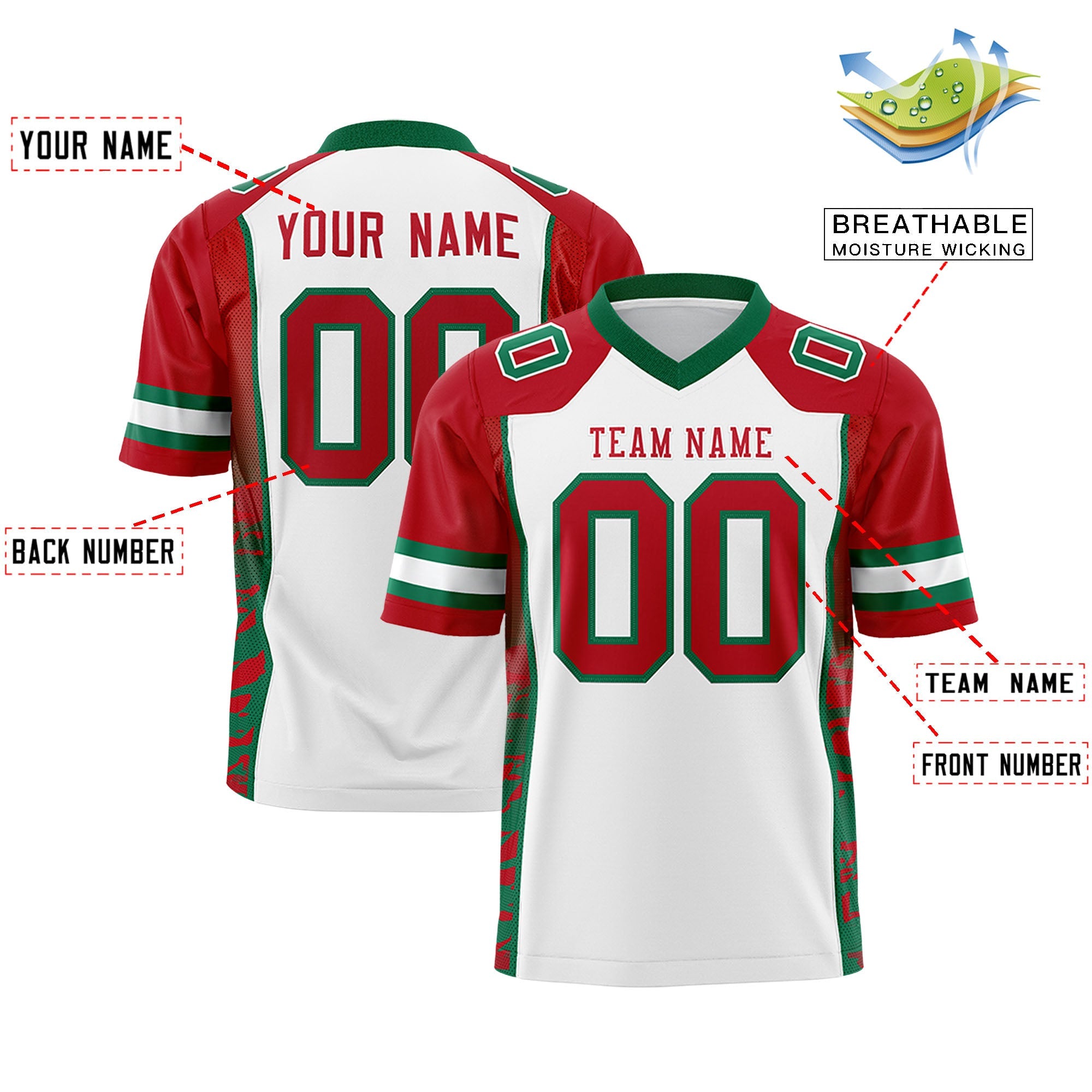 Custom White Red-Kelly Green Raglan Sleeves Personalized Side Pattern Authentic Football Jersey