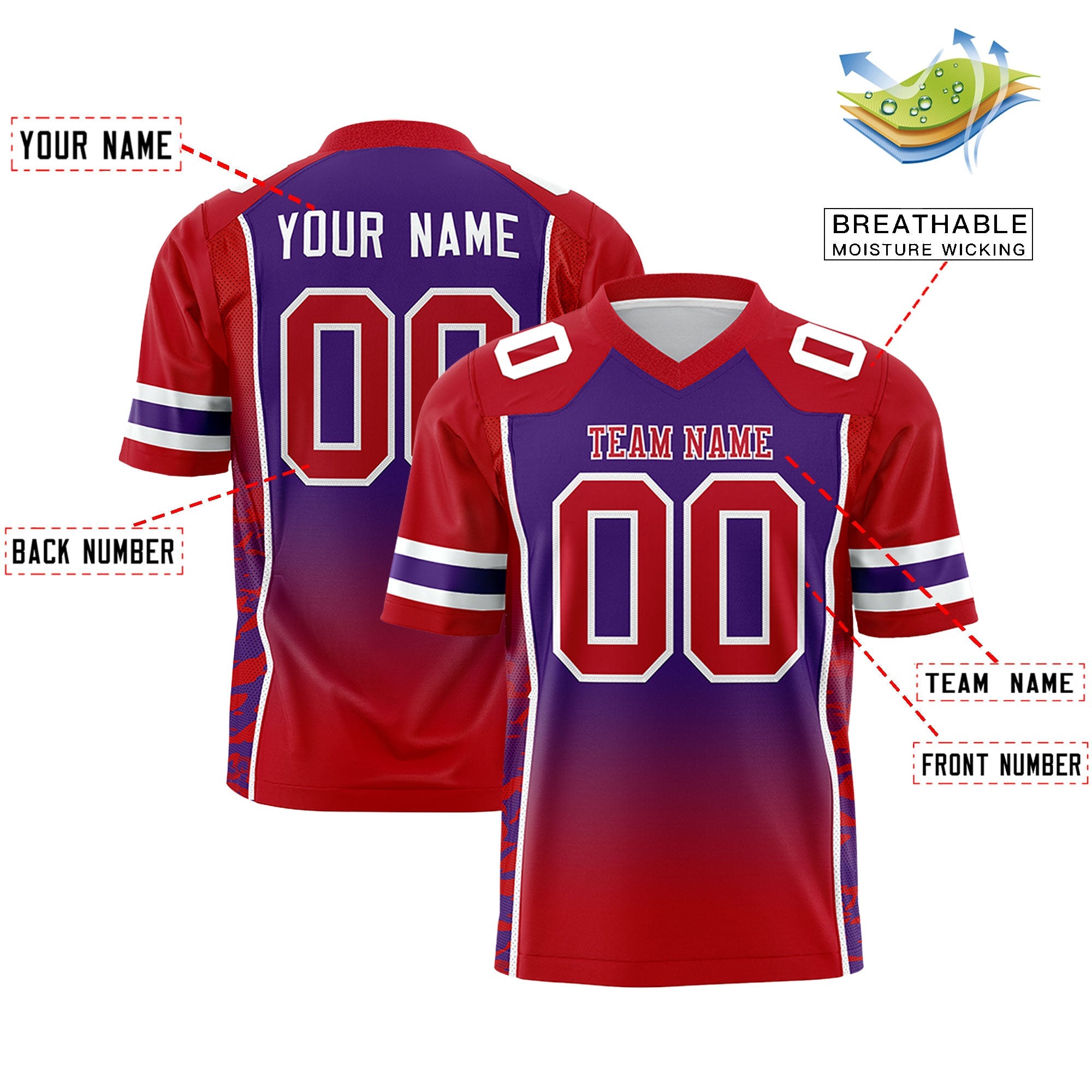 Custom Purple Red Gradient Personalized Side Pattern Authentic Football Jersey