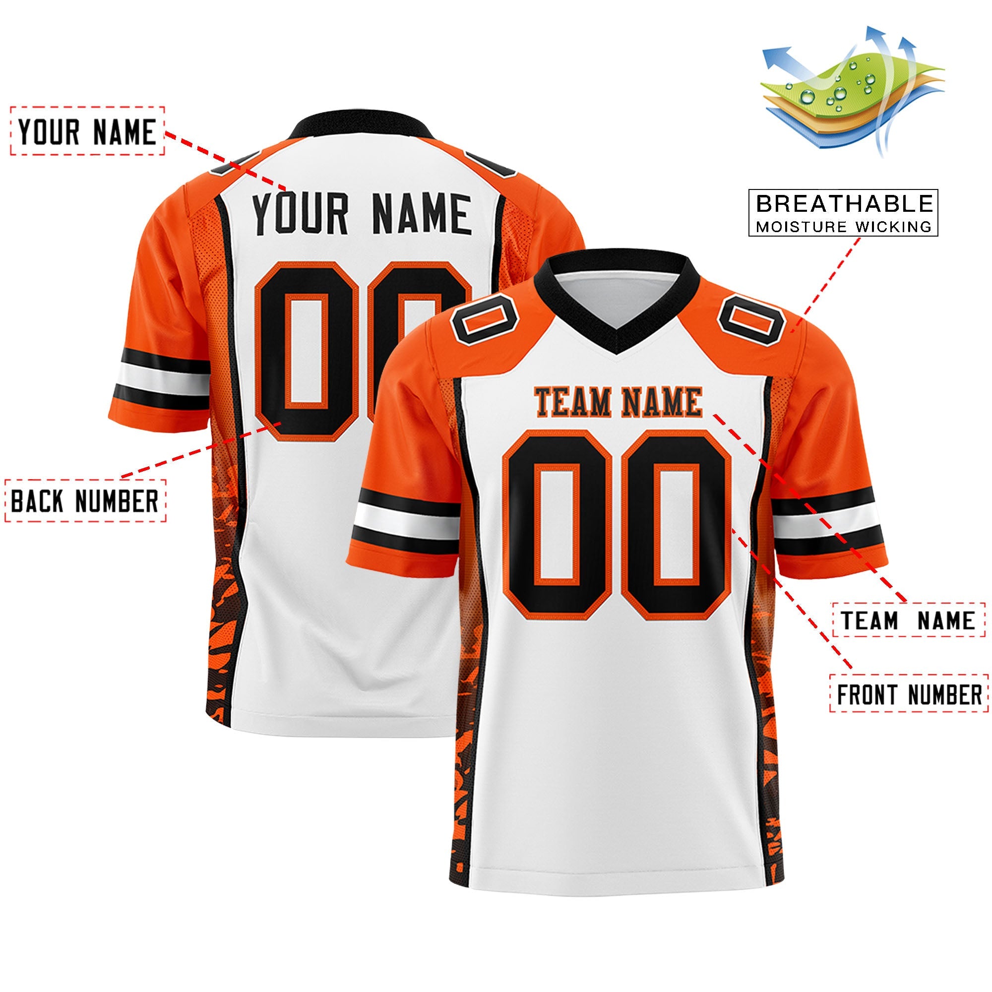 Custom White Orange-Black Raglan Sleeves Personalized Side Pattern Authentic Football Jersey