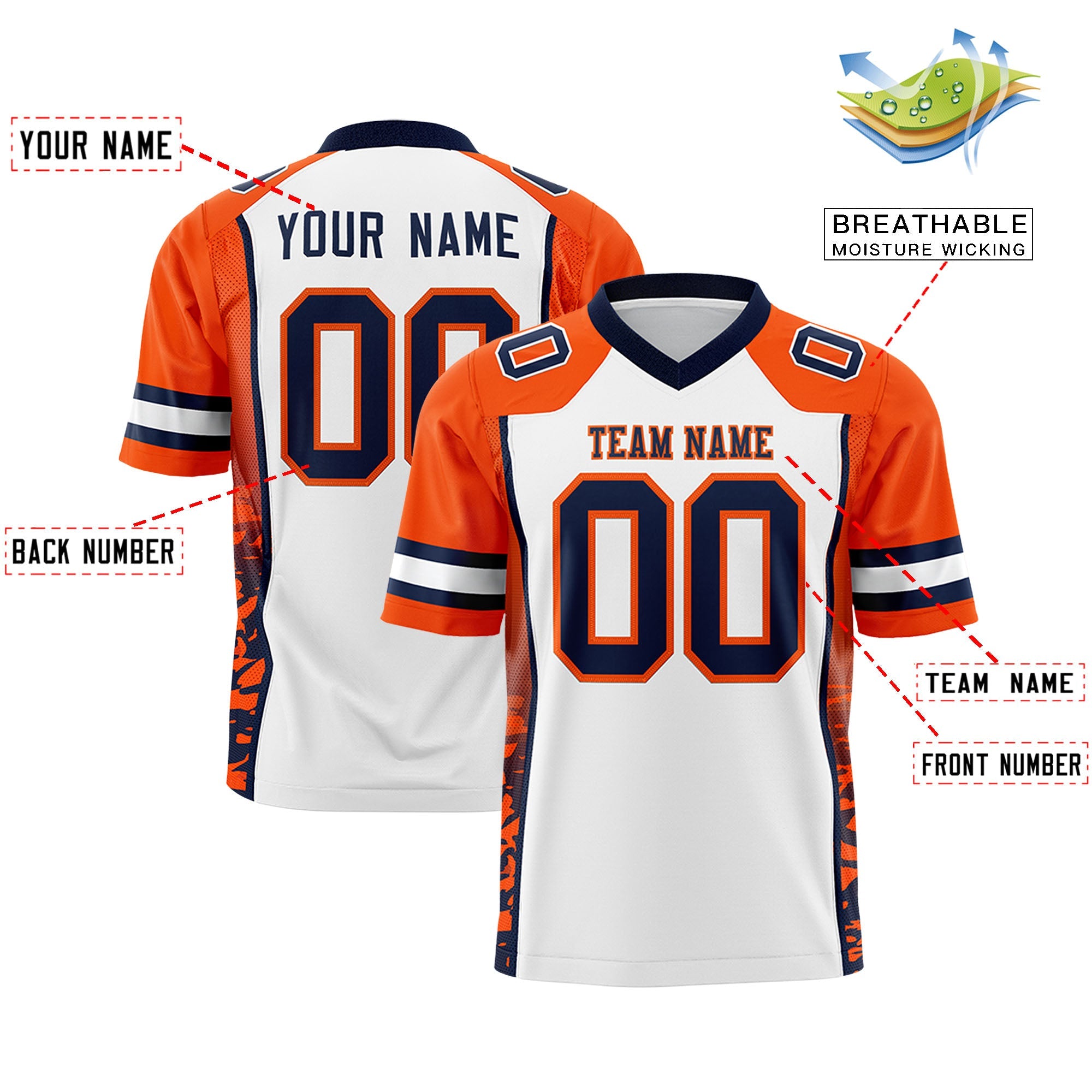 Custom White Orange-Navy Raglan Sleeves Personalized Side Pattern Authentic Football Jersey