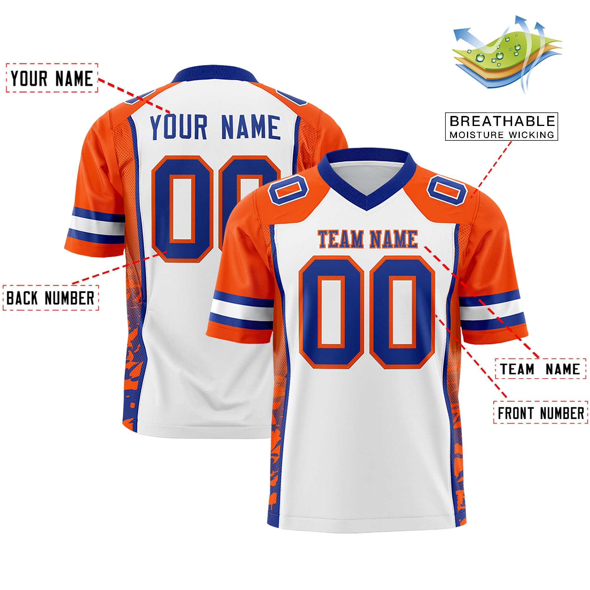 Custom White Orange-Royal Raglan Sleeves Personalized Side Pattern Authentic Football Jersey