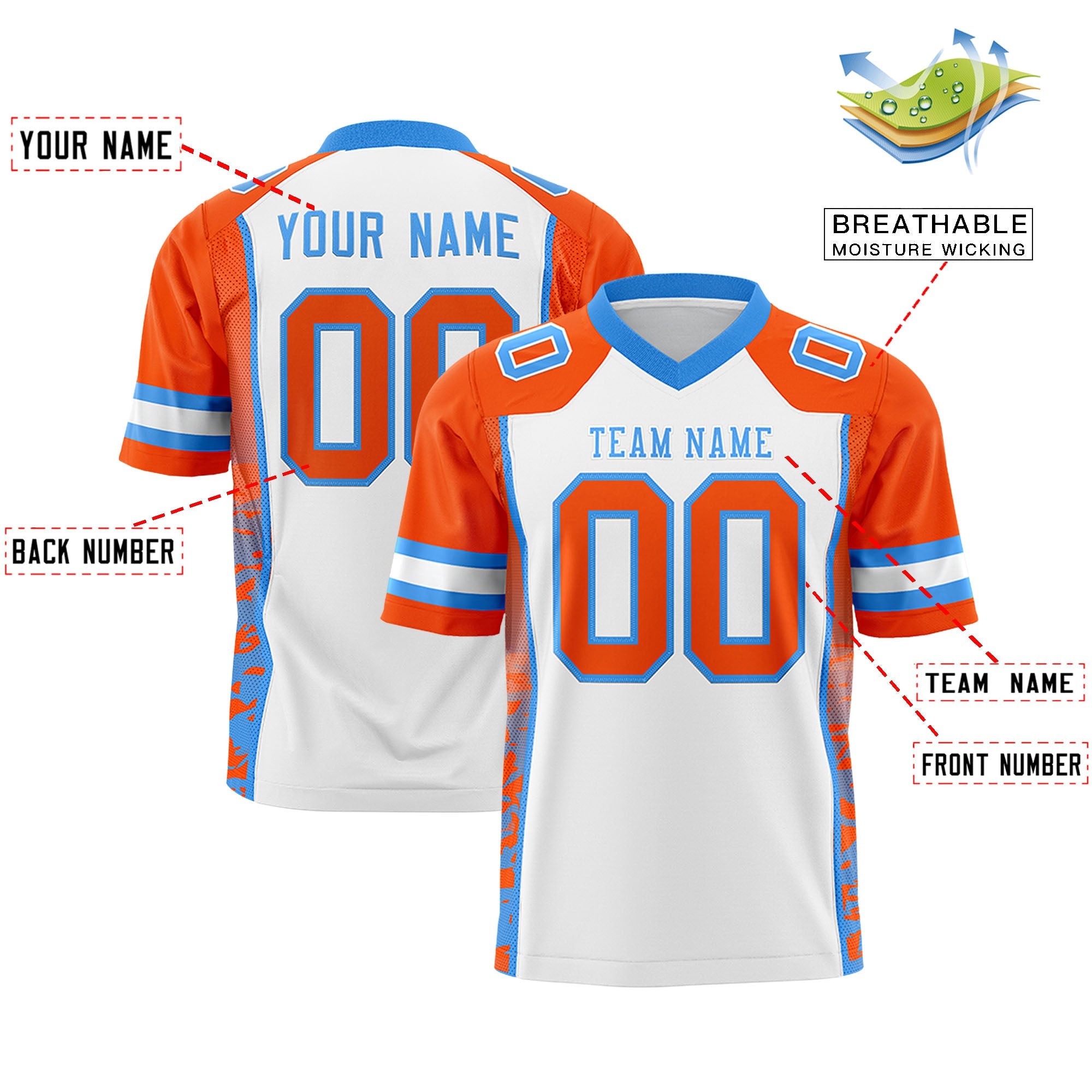 Custom White Orange-Powder Blue Raglan Sleeves Personalized Side Pattern Authentic Football Jersey