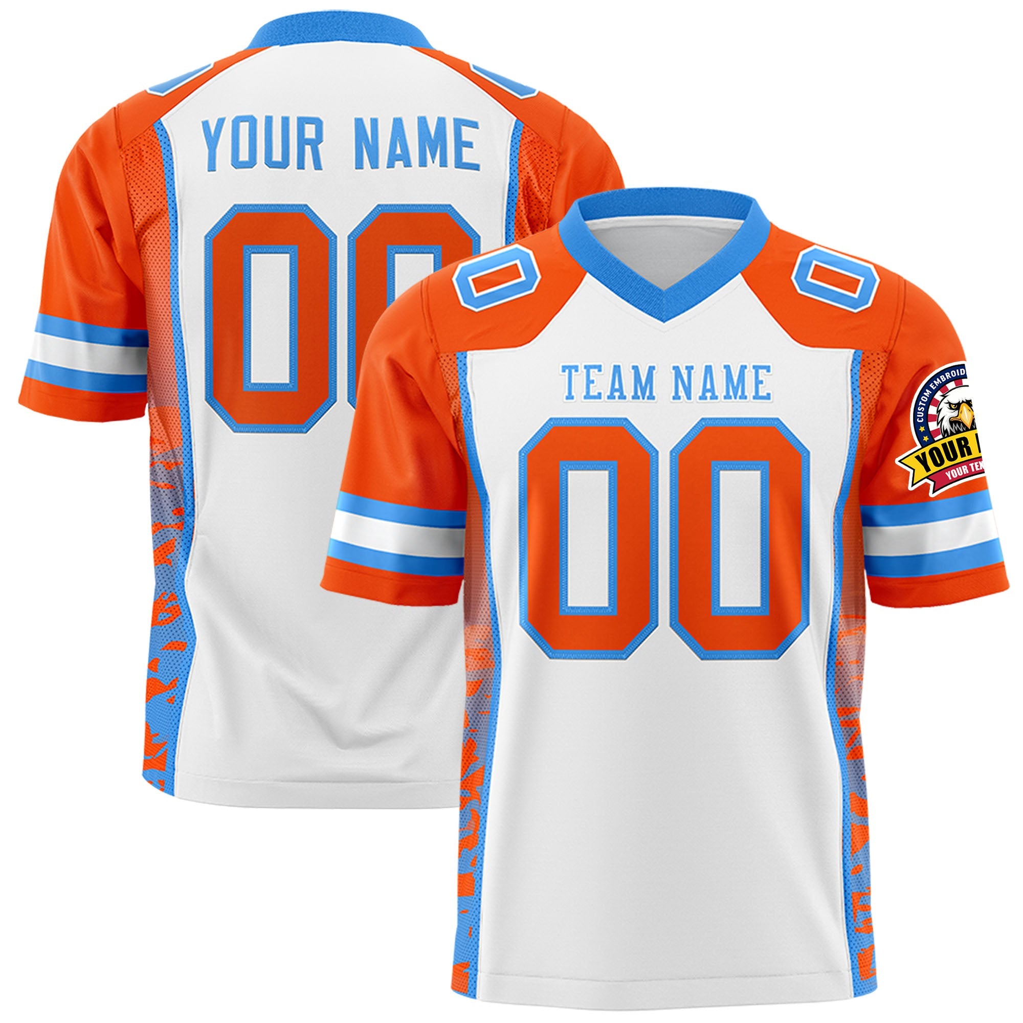 Custom White Orange-Powder Blue Raglan Sleeves Personalized Side Pattern Authentic Football Jersey