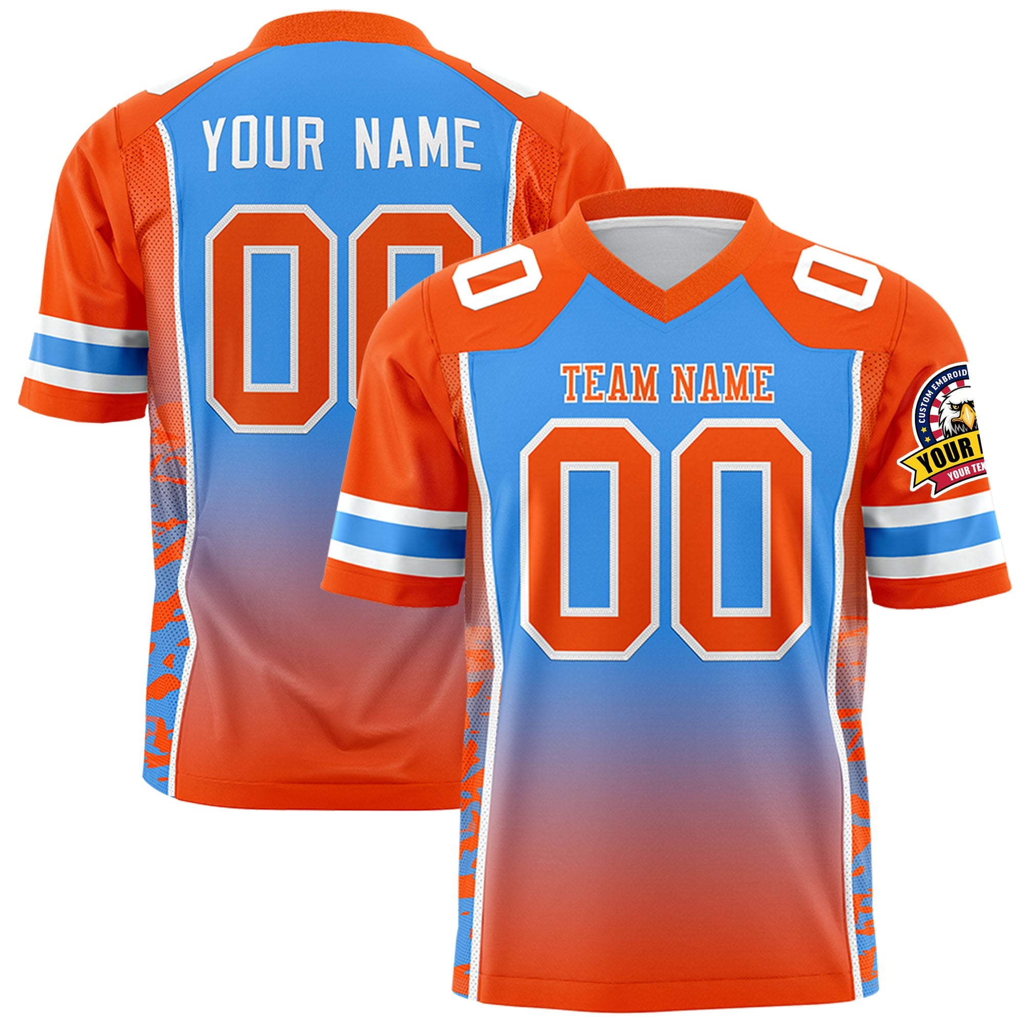 Custom Powder Blue Orange Gradient Personalized Side Pattern Authentic Football Jersey