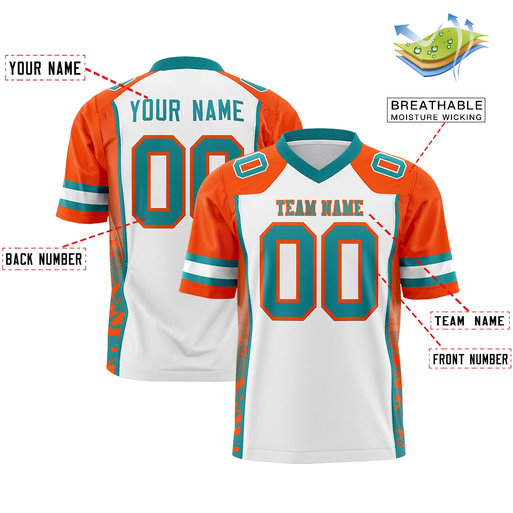 Custom White Orange-Aqua Raglan Sleeves Personalized Side Pattern Authentic Football Jersey