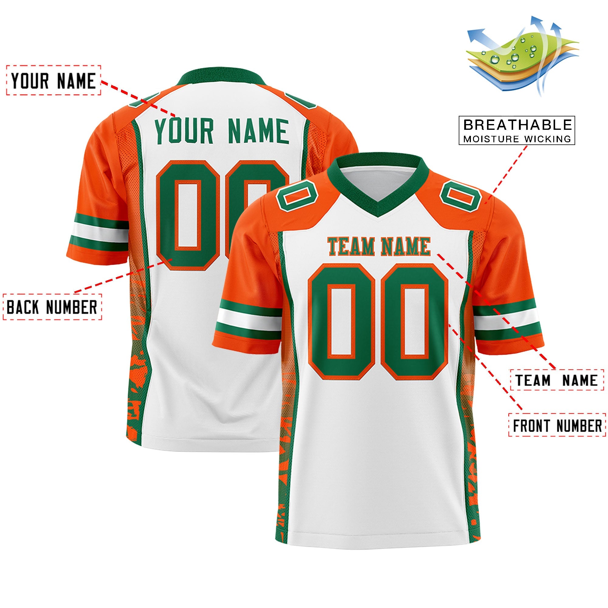 Custom White Orange-Kelly Green Raglan Sleeves Personalized Side Pattern Authentic Football Jersey