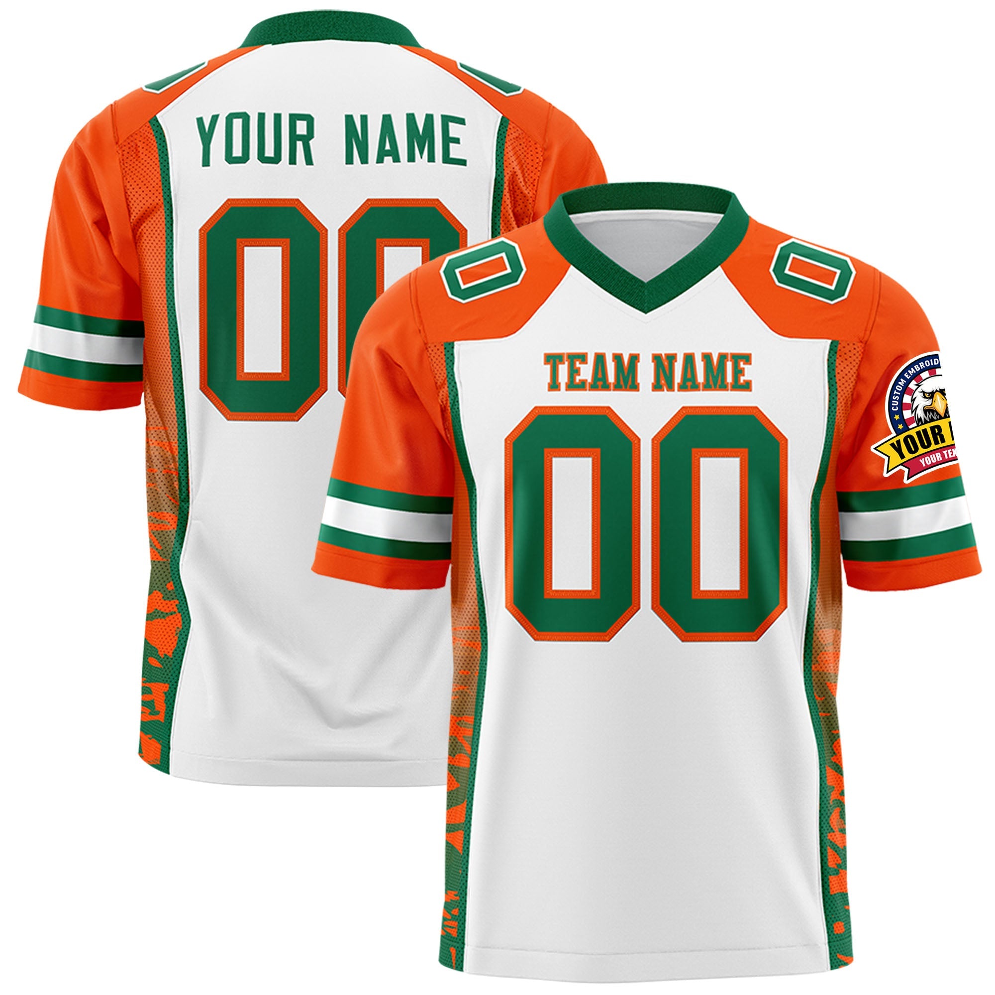 Custom White Orange-Kelly Green Raglan Sleeves Personalized Side Pattern Authentic Football Jersey