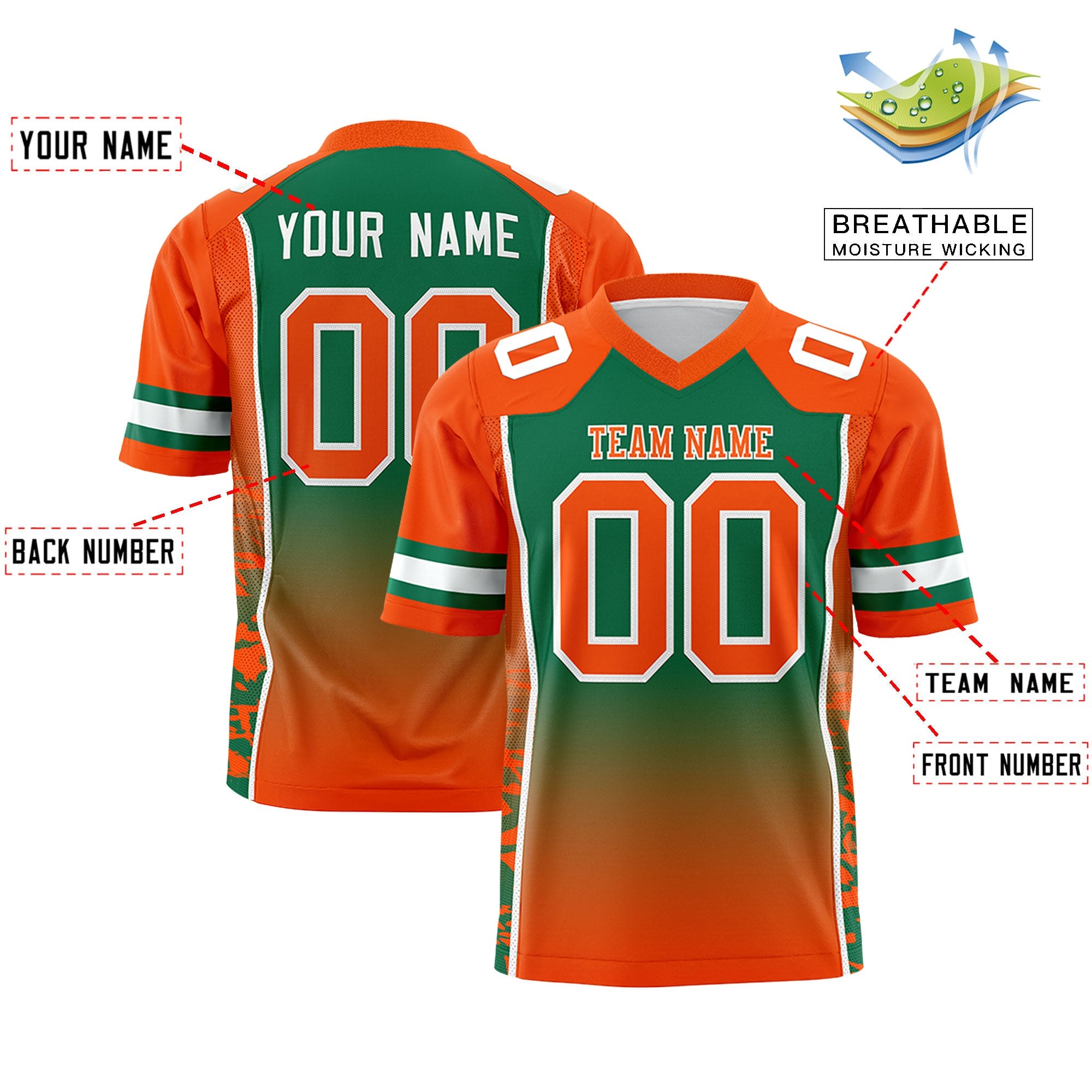 Custom Kelly Green Orange Gradient Personalized Side Pattern Authentic Football Jersey