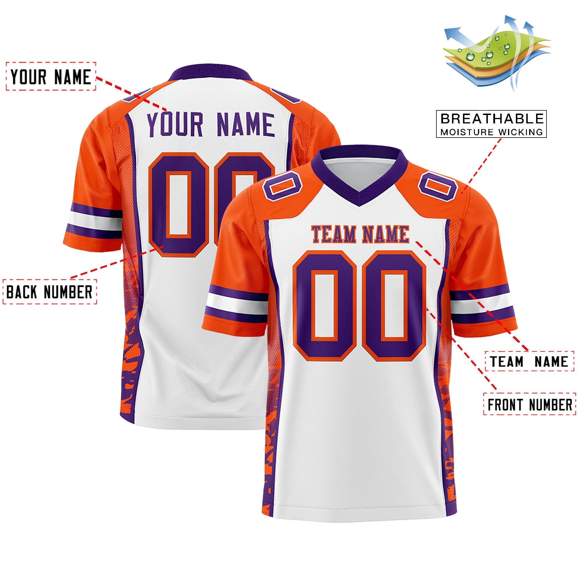 Custom White Orange-Purple Raglan Sleeves Personalized Side Pattern Authentic Football Jersey