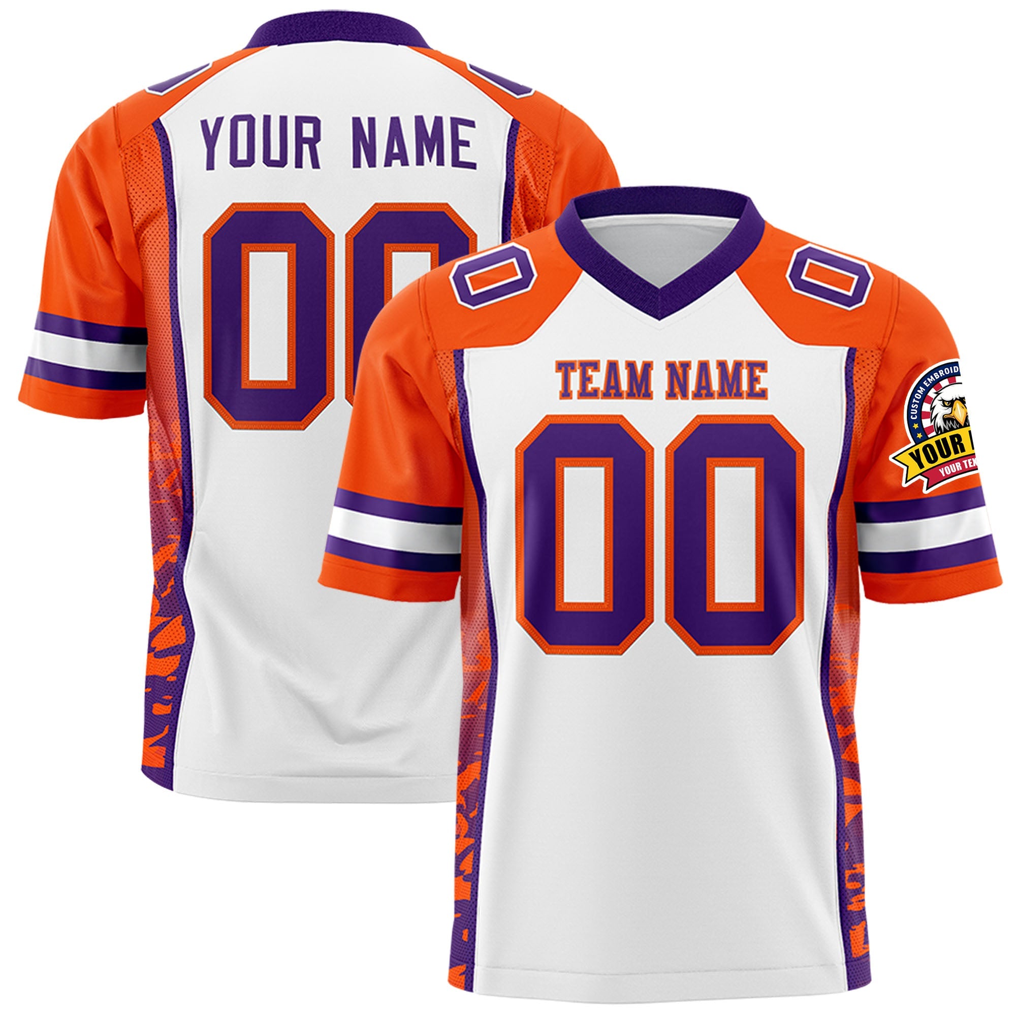 Custom White Orange-Purple Raglan Sleeves Personalized Side Pattern Authentic Football Jersey