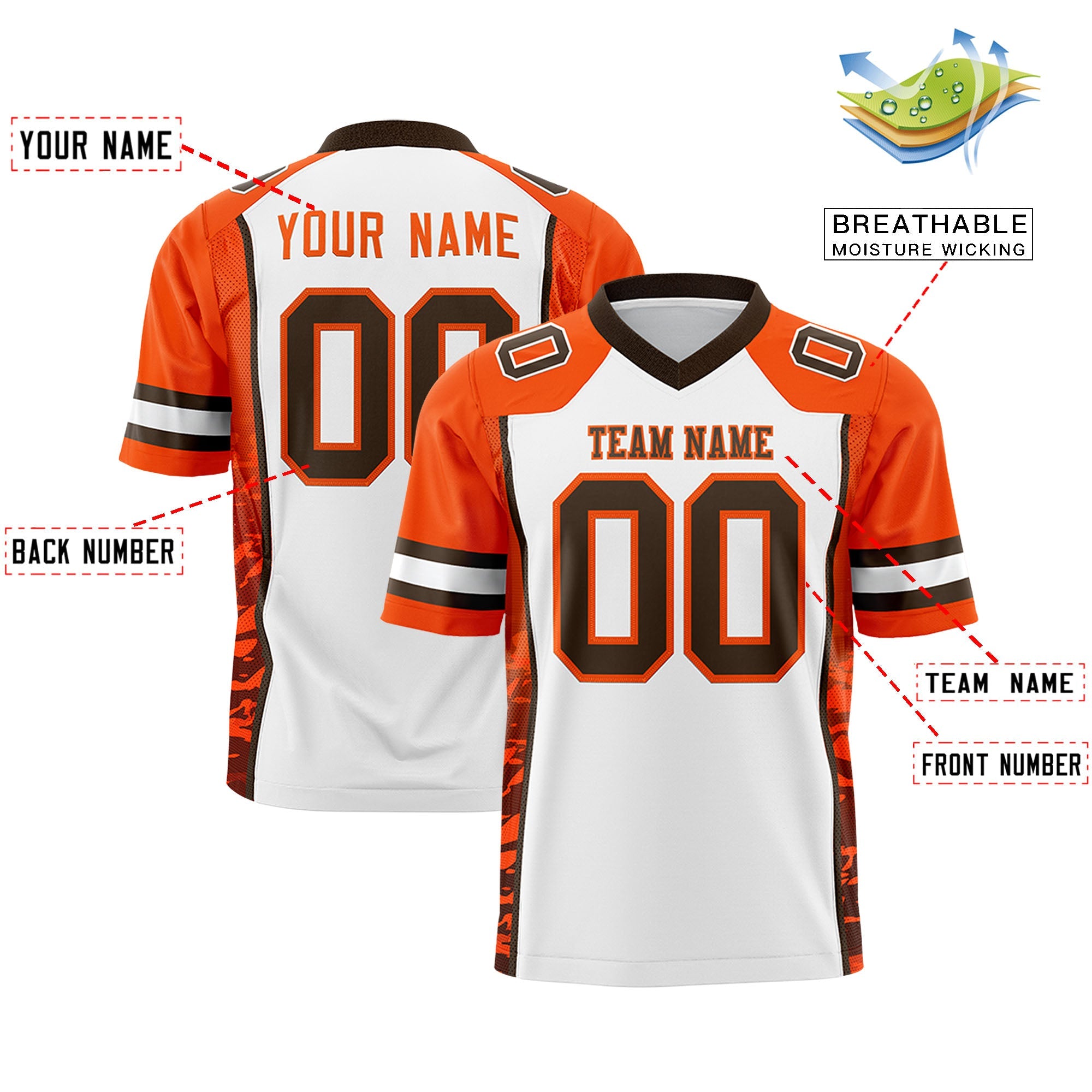 Custom White Orange-Brown Raglan Sleeves Personalized Side Pattern Authentic Football Jersey