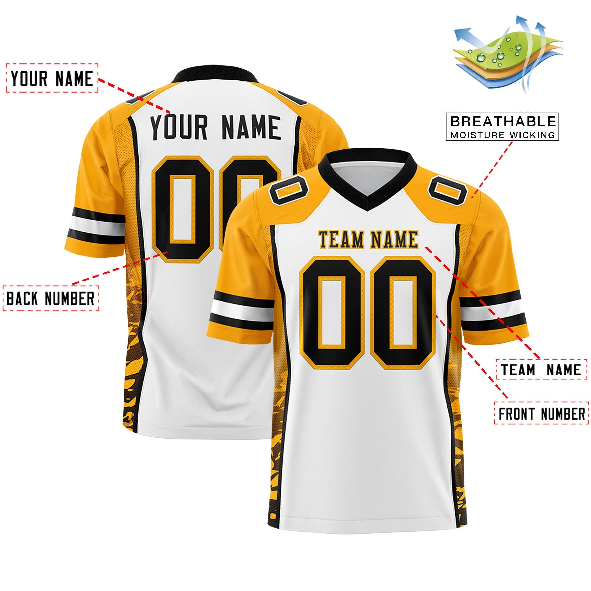 Custom White Yellow-Black Raglan Sleeves Personalized Side Pattern Authentic Football Jersey