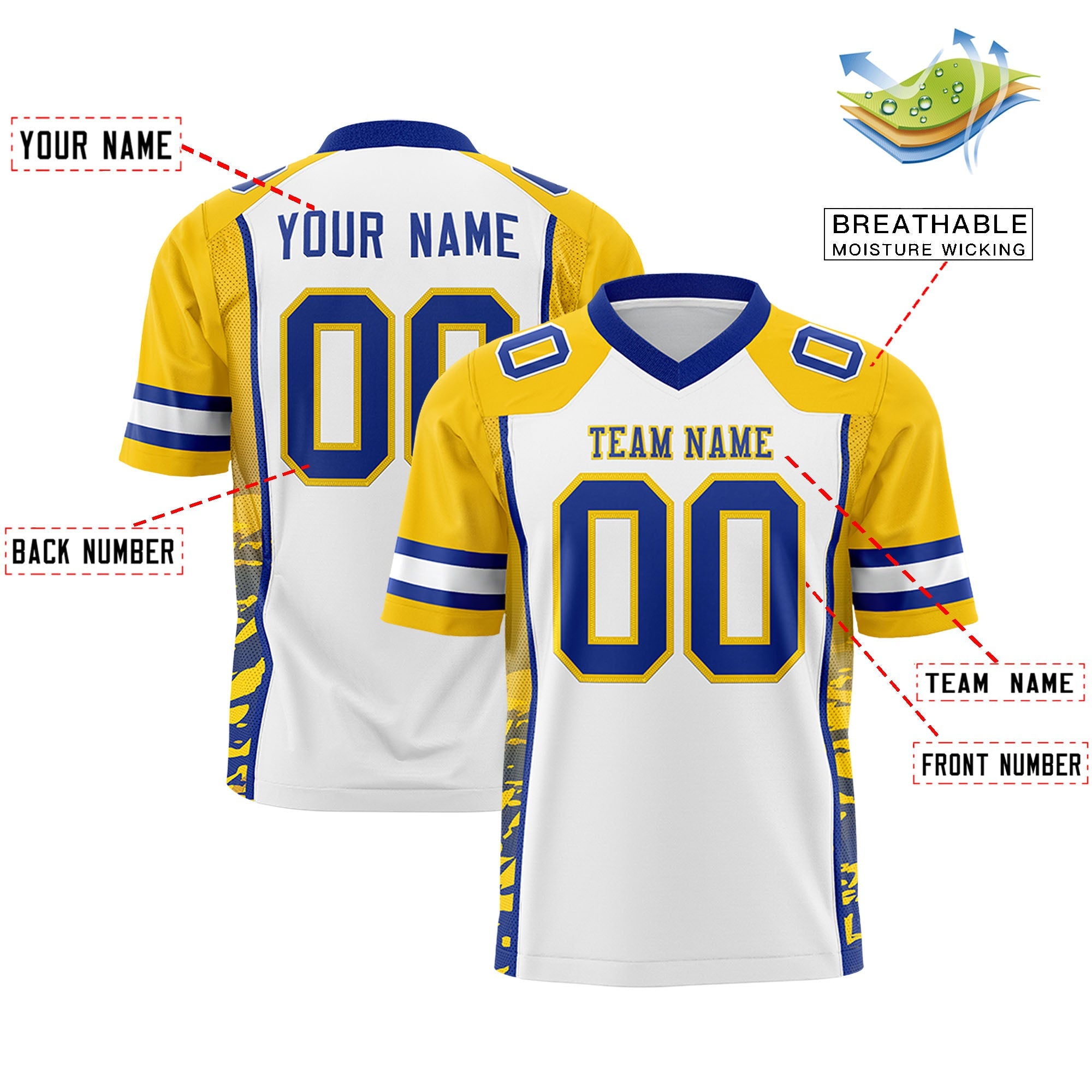 Custom White Gold-Royal Raglan Sleeves Personalized Side Pattern Authentic Football Jersey