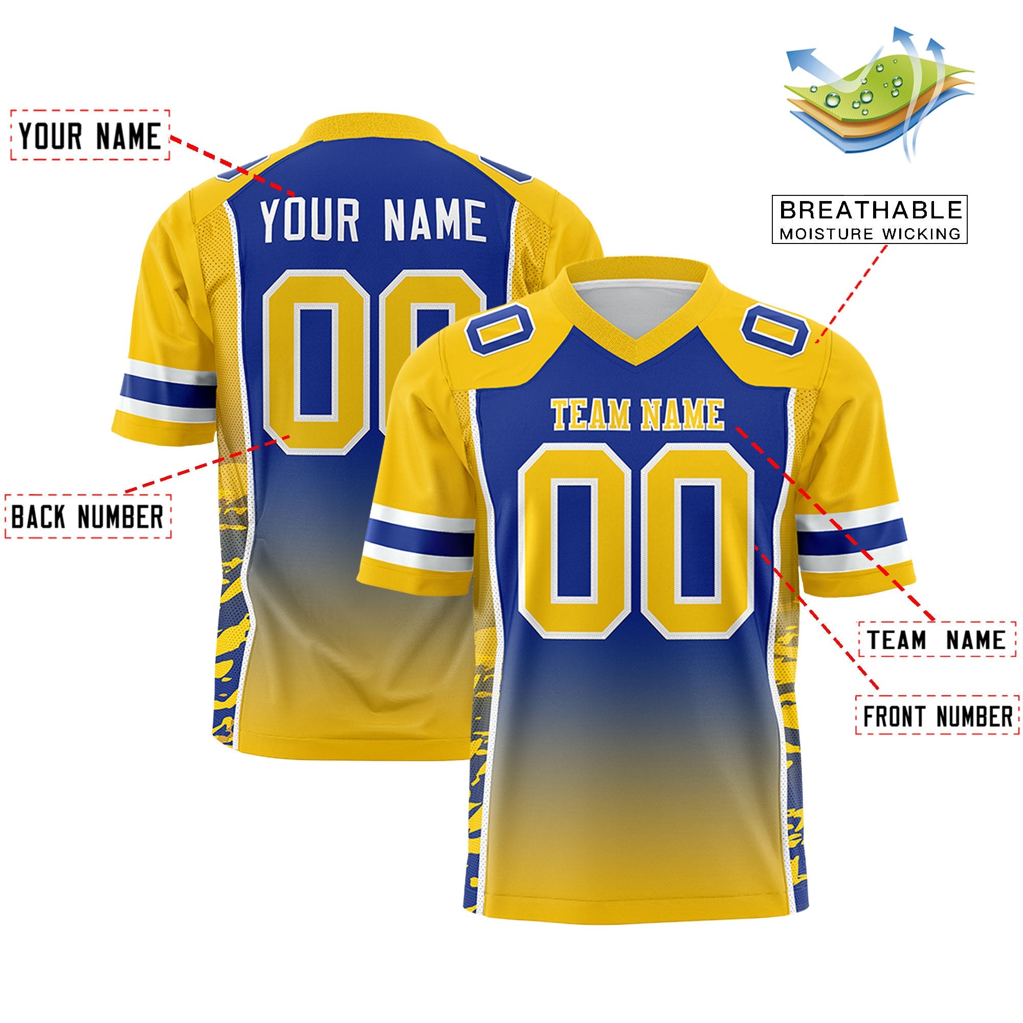 Custom Royal Gold Gradient Personalized Side Pattern Authentic Football Jersey