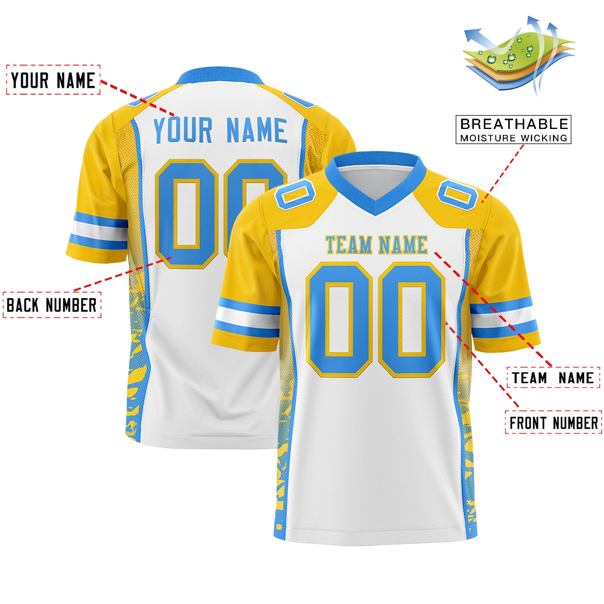 Custom White Gold-Powder Blue Raglan Sleeves Personalized Side Pattern Authentic Football Jersey