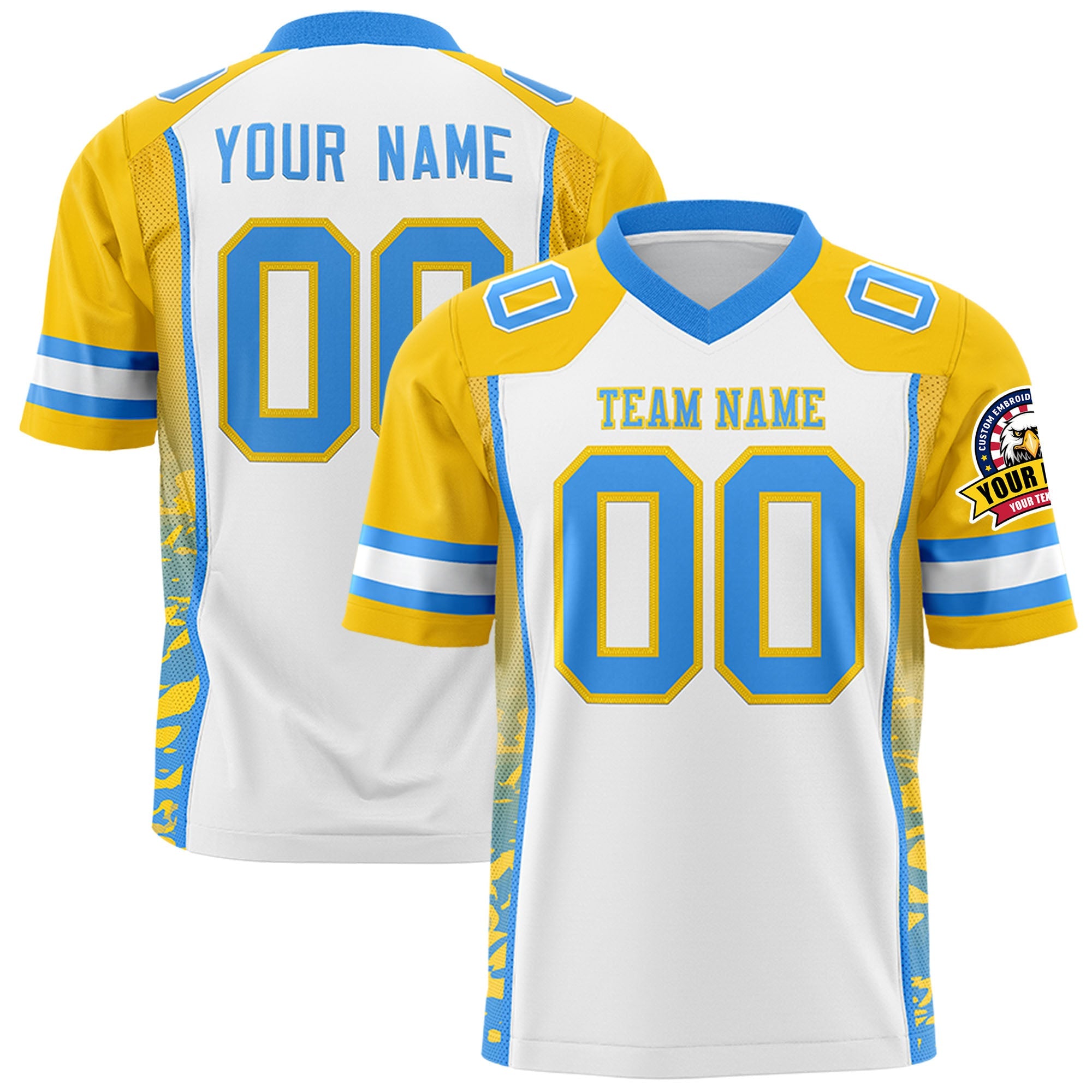 Custom White Gold-Powder Blue Raglan Sleeves Personalized Side Pattern Authentic Football Jersey