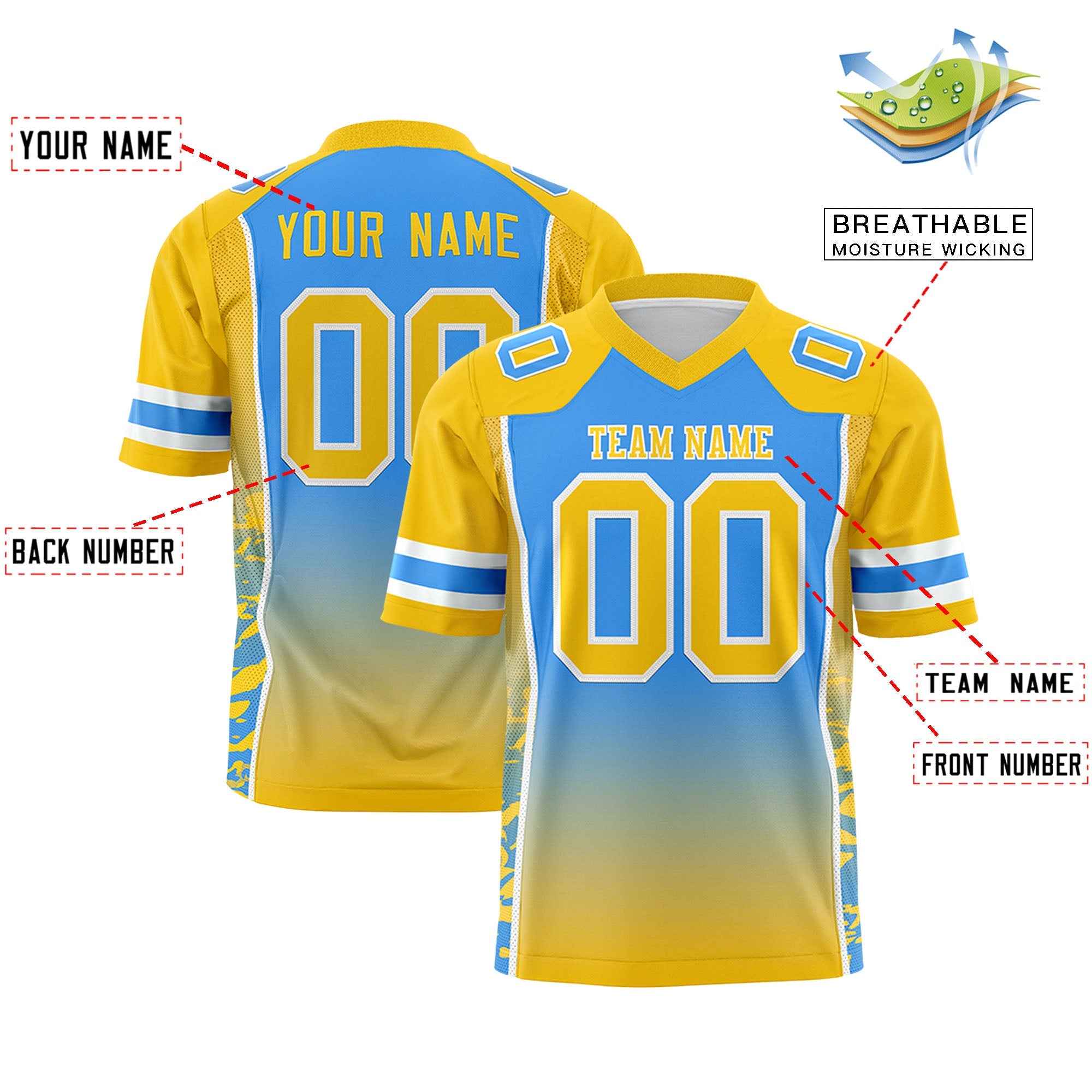 Custom Powder Blue Gold Gradient Personalized Side Pattern Authentic Football Jersey