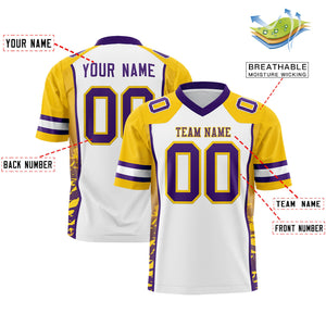 Custom White Gold-Purple Raglan Sleeves Personalized Side Pattern Authentic Football Jersey