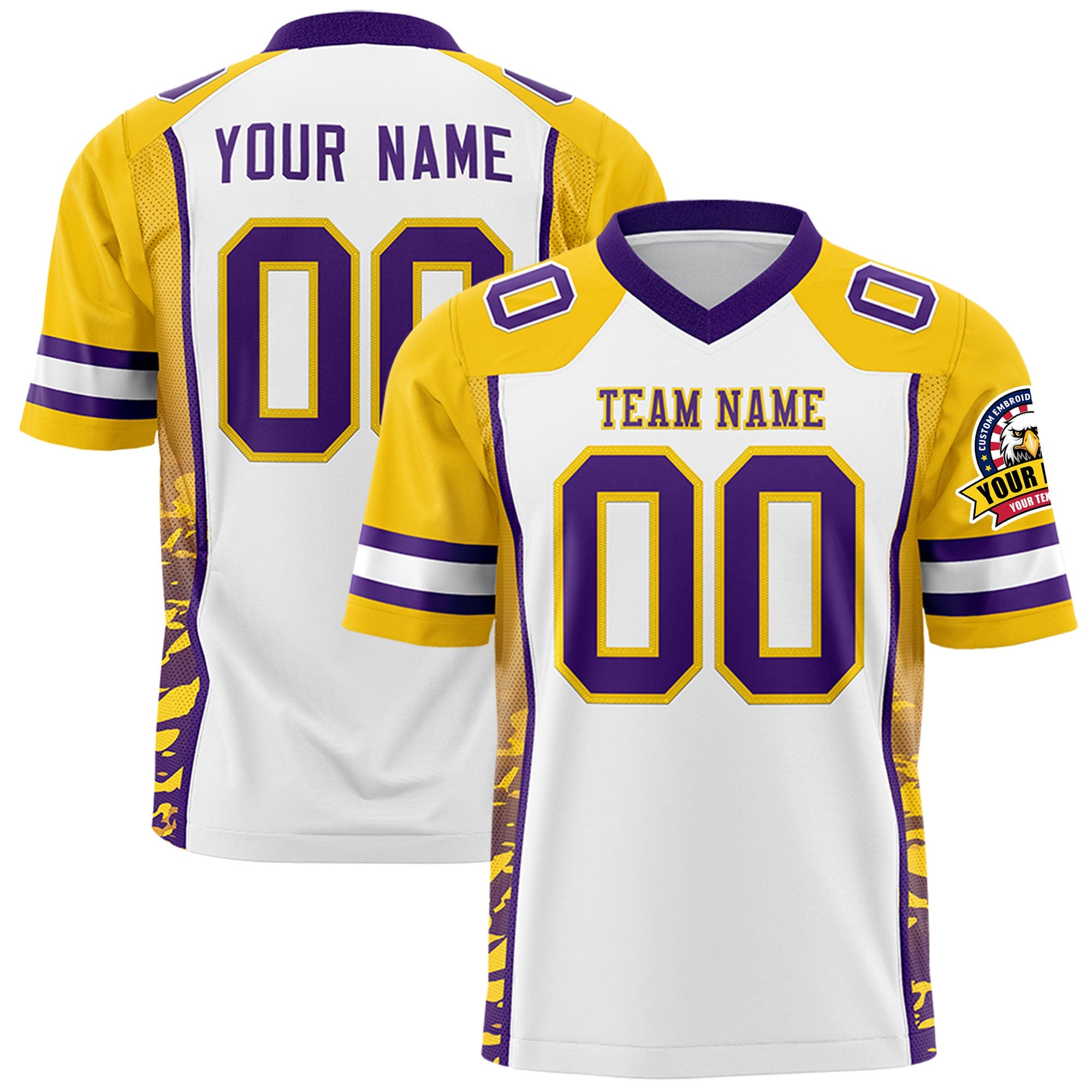 Custom White Gold-Purple Raglan Sleeves Personalized Side Pattern Authentic Football Jersey