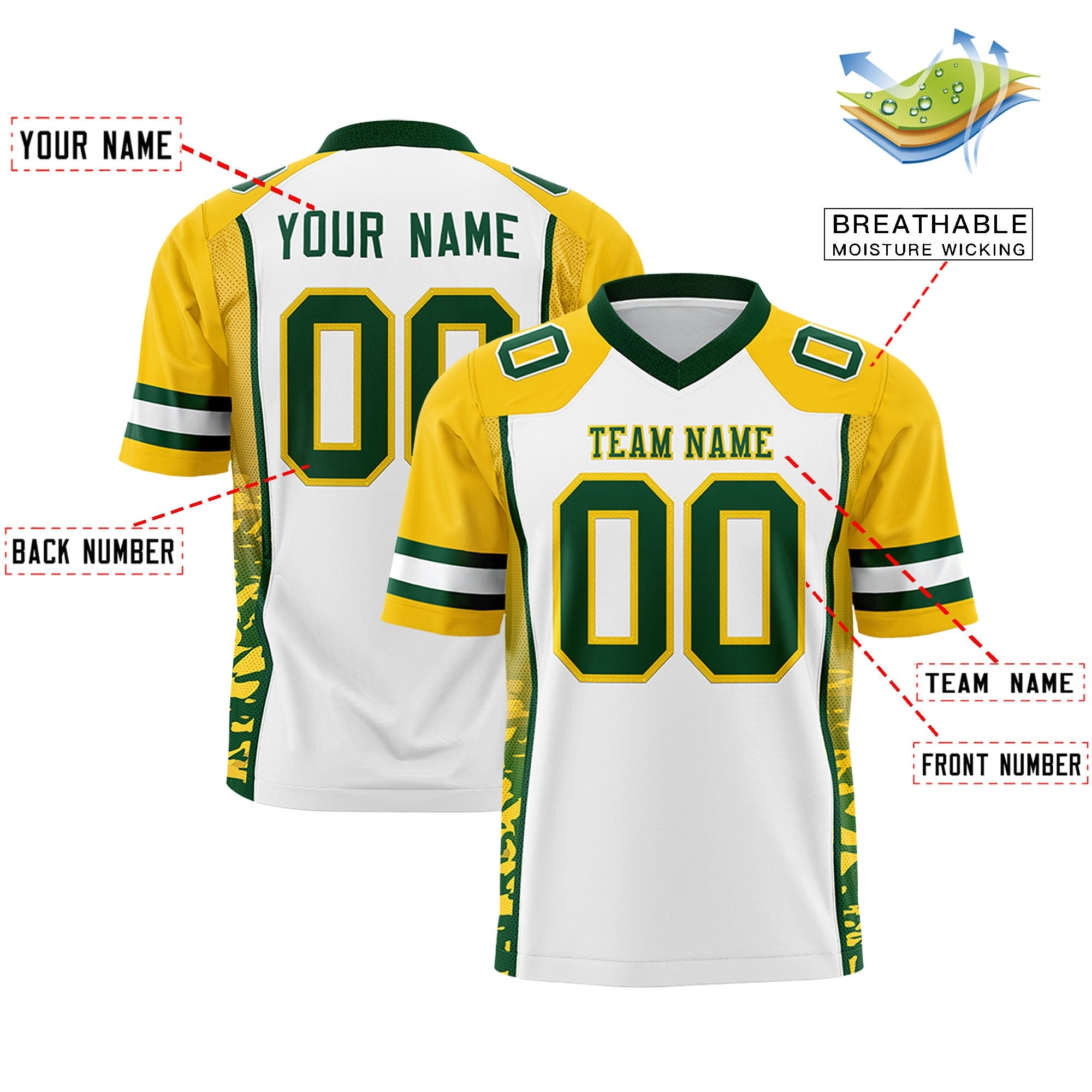 Custom White Gold-Green Raglan Sleeves Personalized Side Pattern Authentic Football Jersey