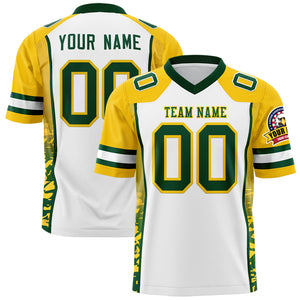 Custom White Gold-Green Raglan Sleeves Personalized Side Pattern Authentic Football Jersey