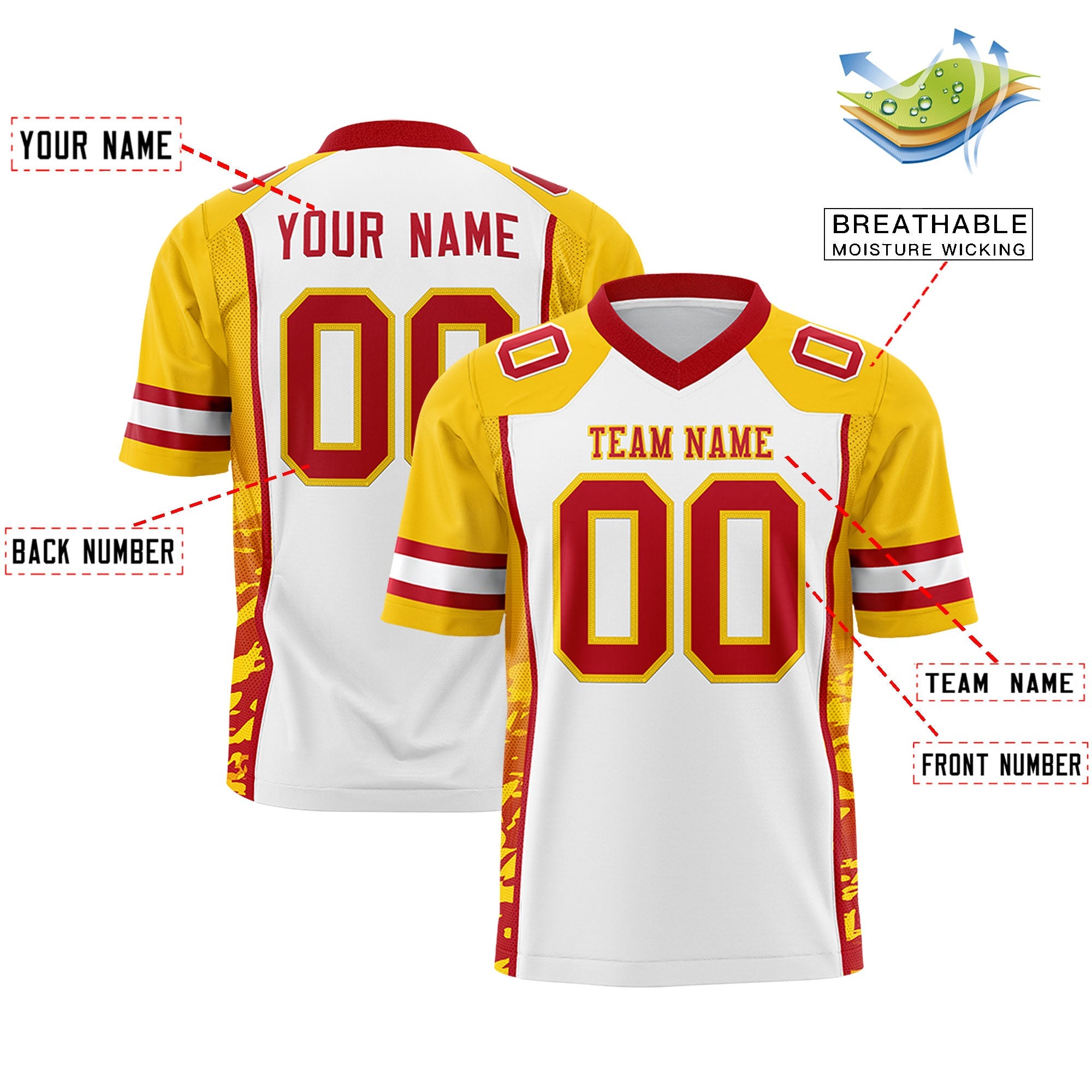 Custom White Gold-Red Raglan Sleeves Personalized Side Pattern Authentic Football Jersey