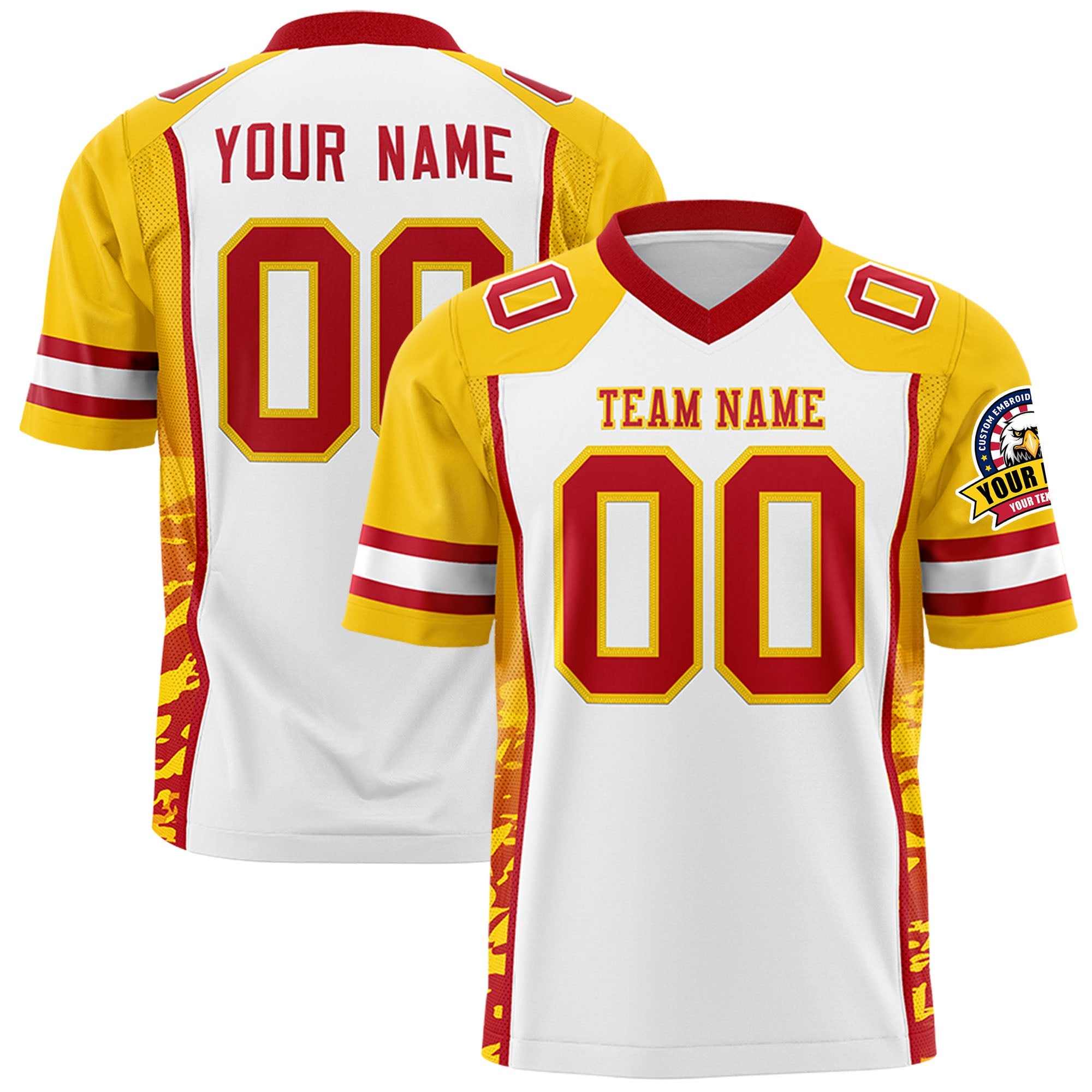 Custom White Gold-Red Raglan Sleeves Personalized Side Pattern Authentic Football Jersey