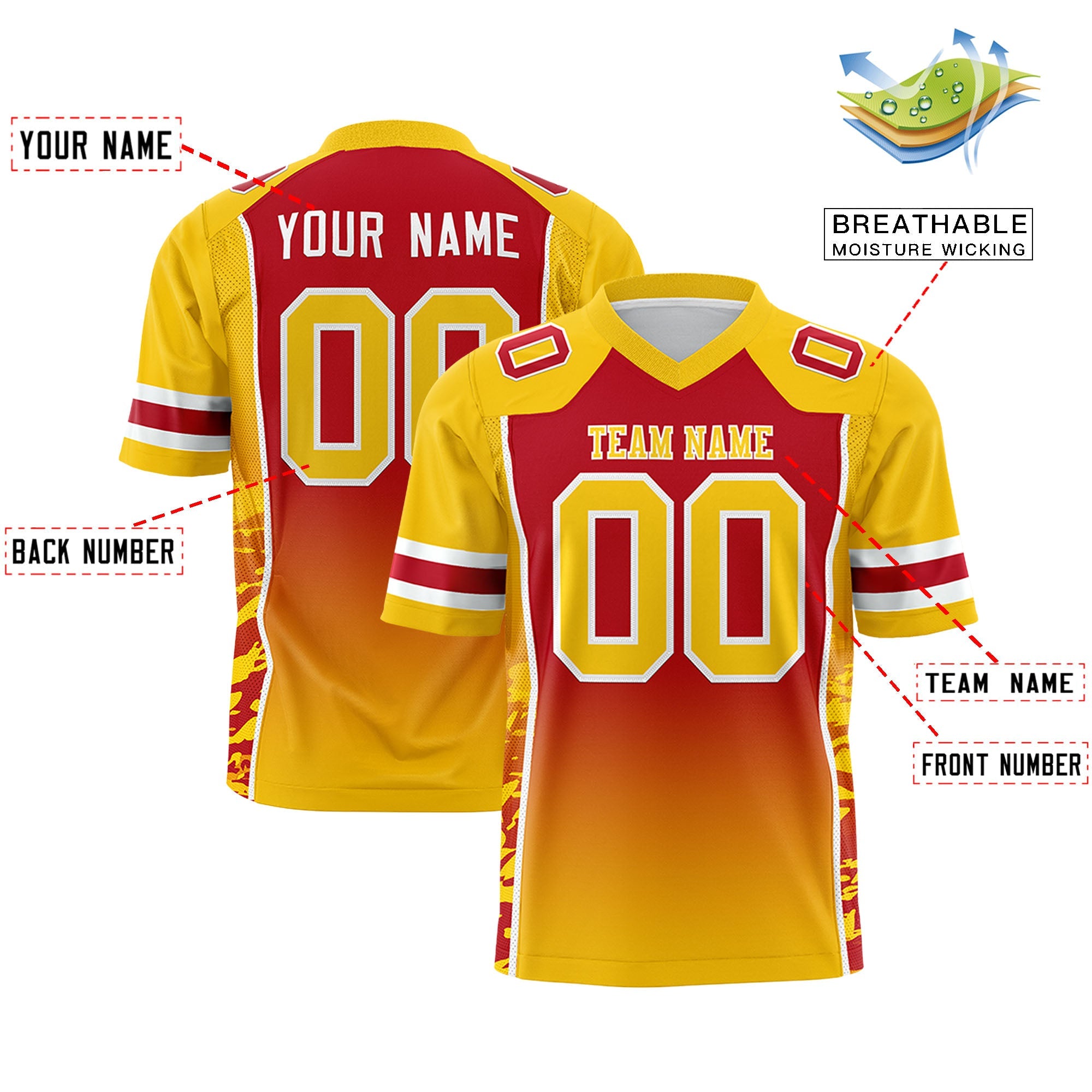 Custom Red Gold Gradient Personalized Side Pattern Authentic Football Jersey