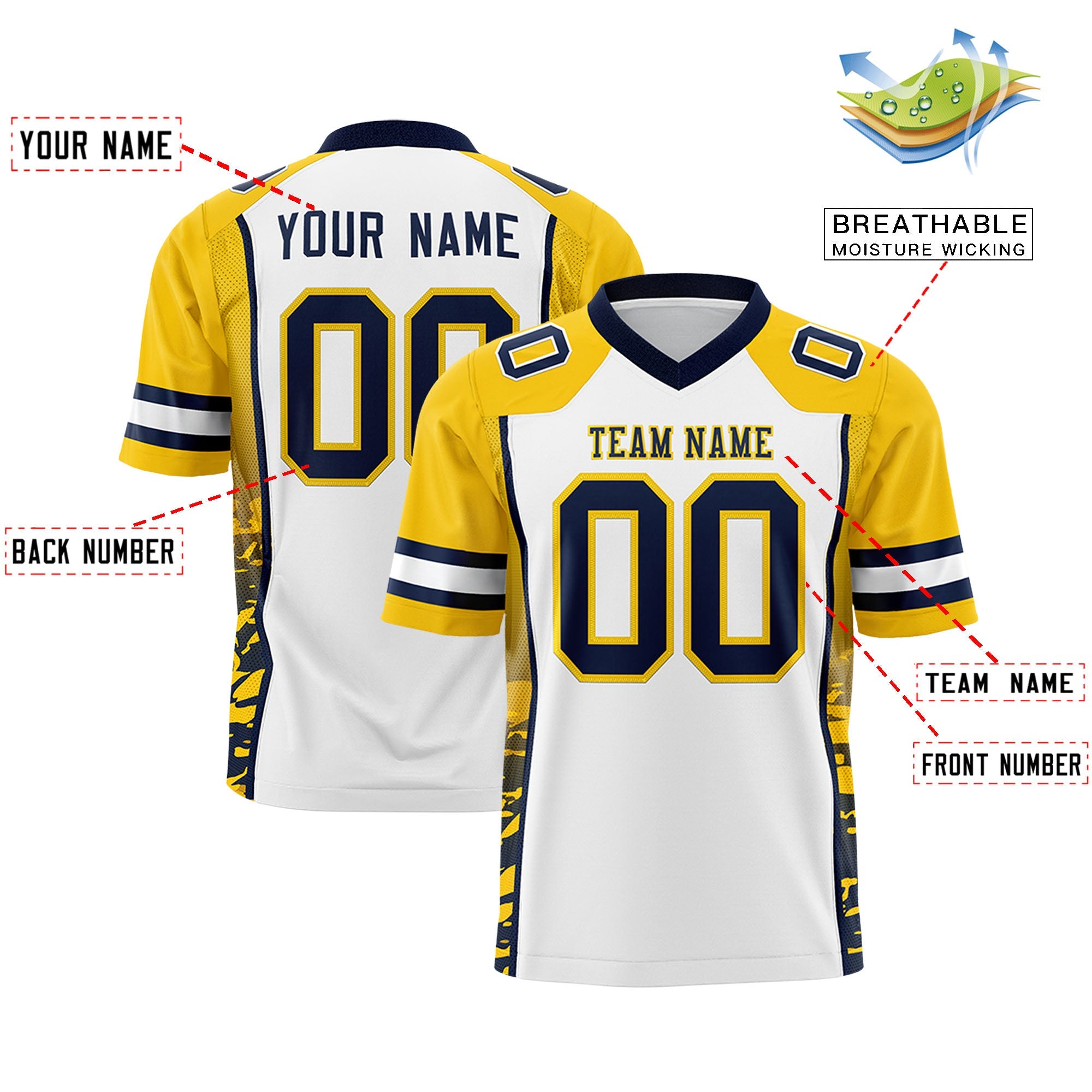 Custom White Gold-Navy Raglan Sleeves Personalized Side Pattern Authentic Football Jersey