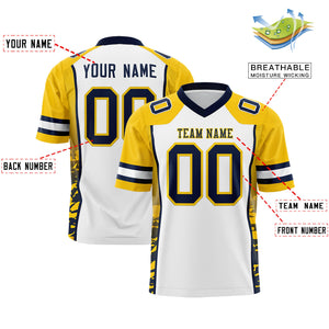 Custom White Gold-Navy Raglan Sleeves Personalized Side Pattern Authentic Football Jersey