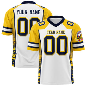 Custom White Gold-Navy Raglan Sleeves Personalized Side Pattern Authentic Football Jersey