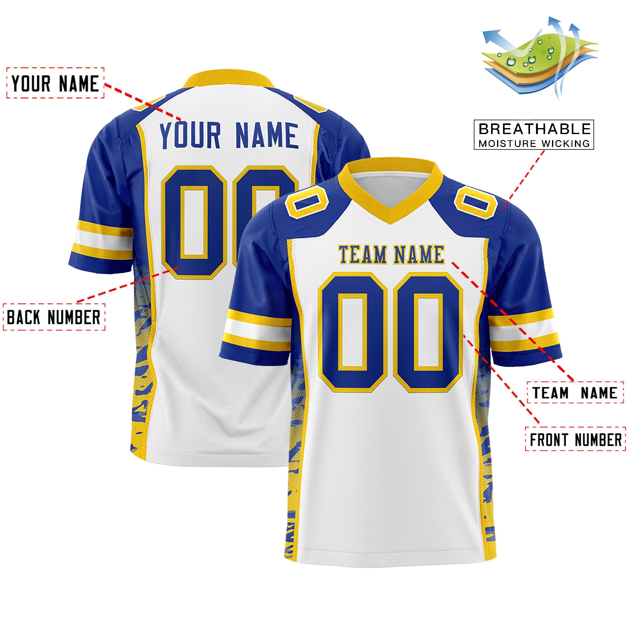 Custom White Royal-Gold Raglan Sleeves Personalized Side Pattern Authentic Football Jersey