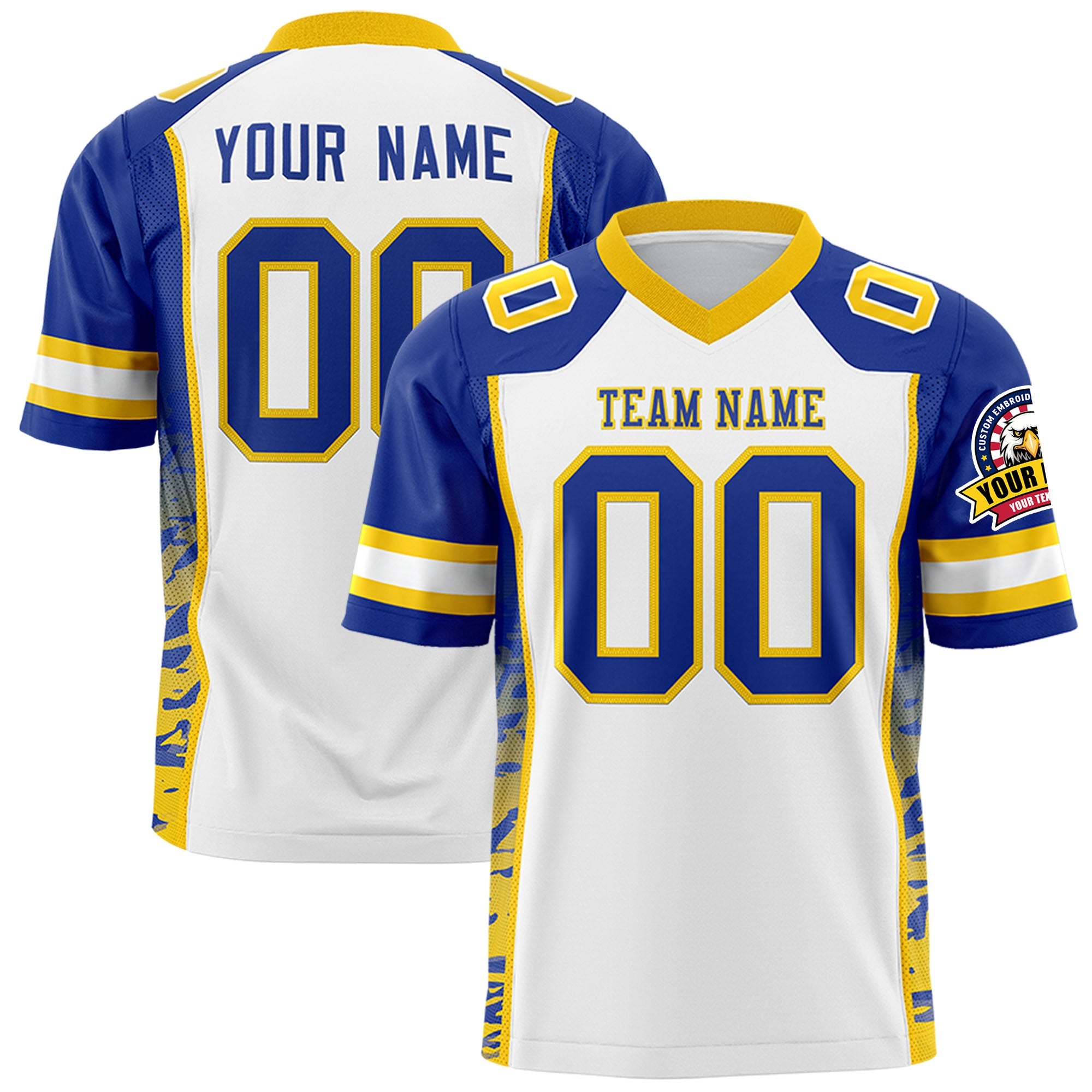 Custom White Royal-Gold Raglan Sleeves Personalized Side Pattern Authentic Football Jersey