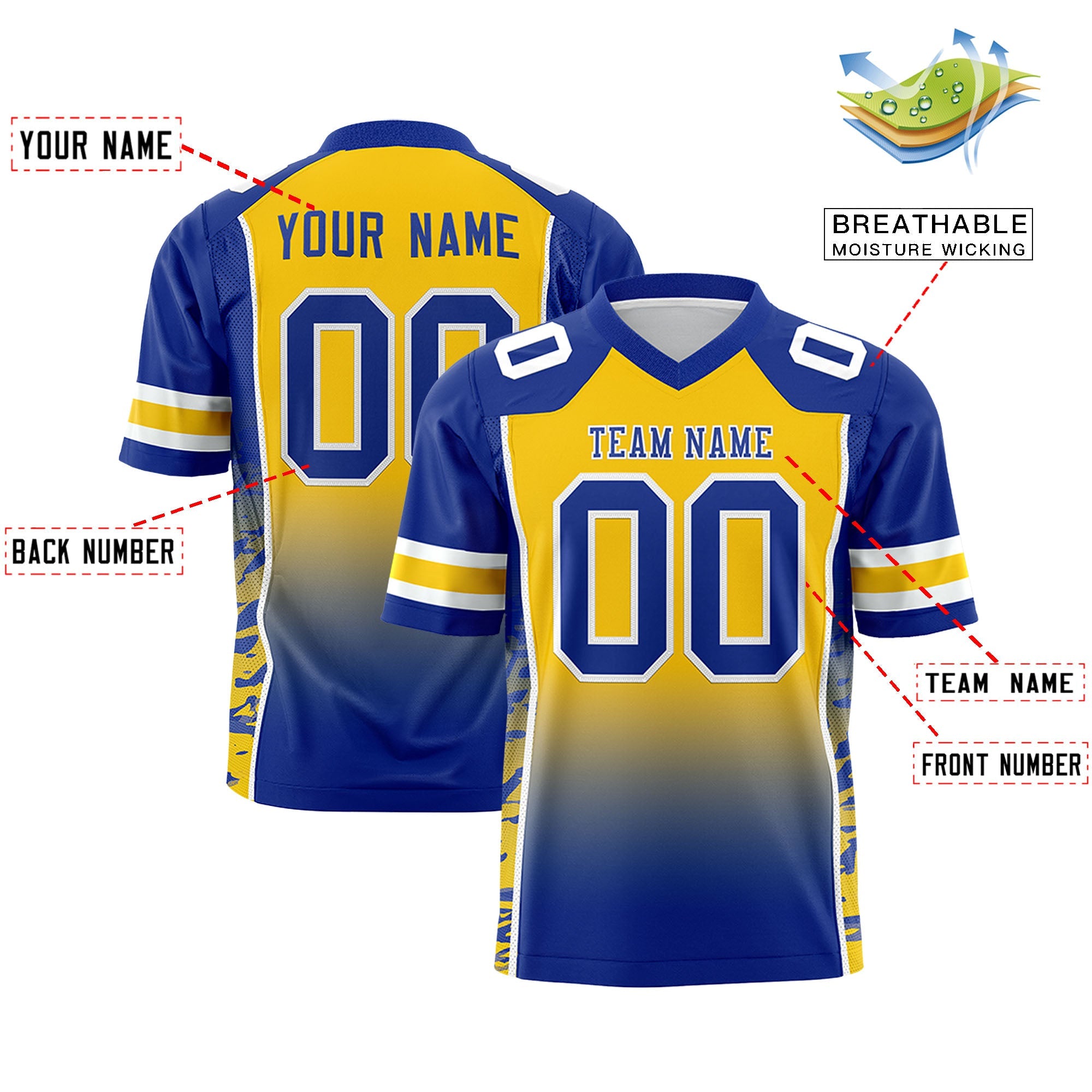 Custom Gold Royal Gradient Personalized Side Pattern Authentic Football Jersey