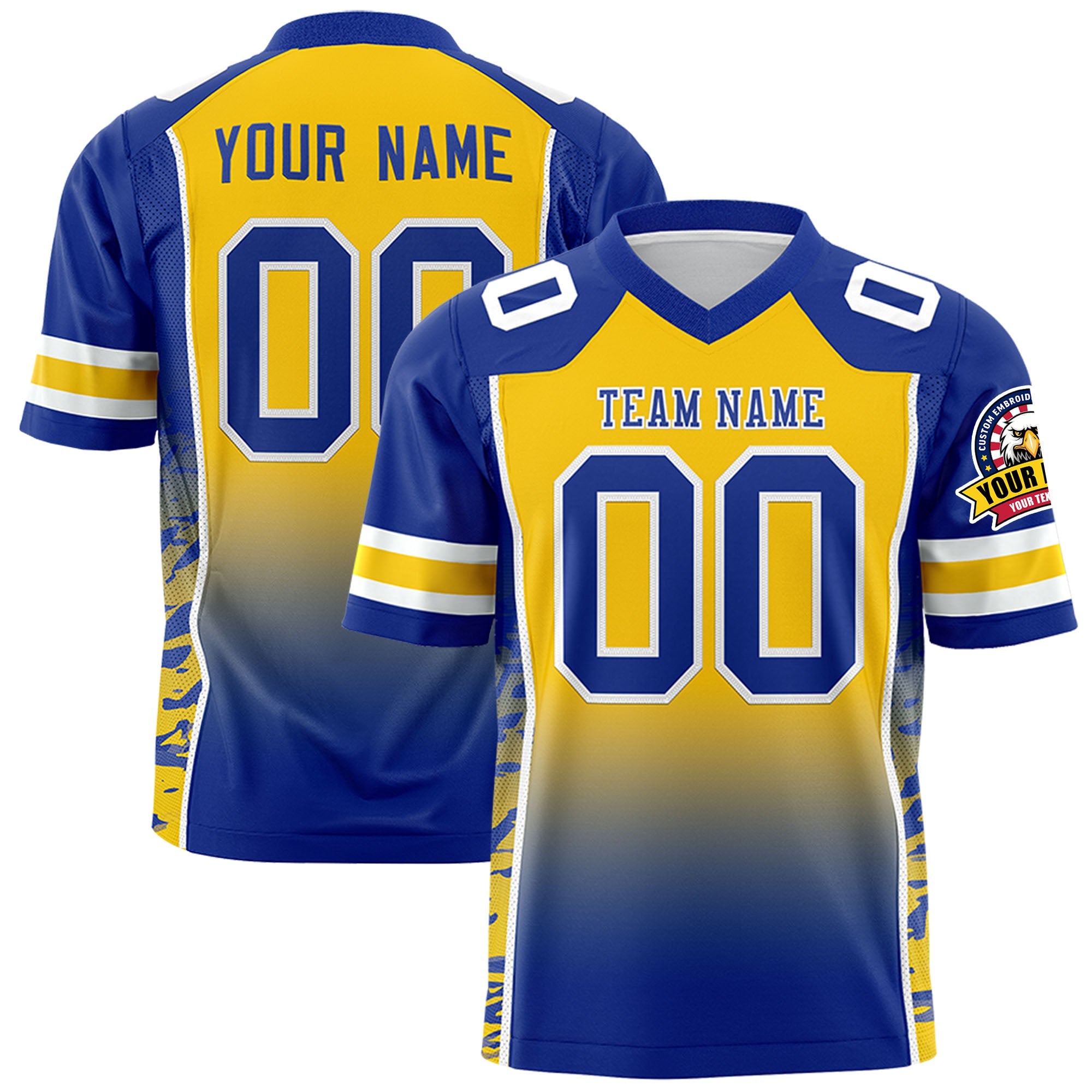 Custom Gold Royal Gradient Personalized Side Pattern Authentic Football Jersey